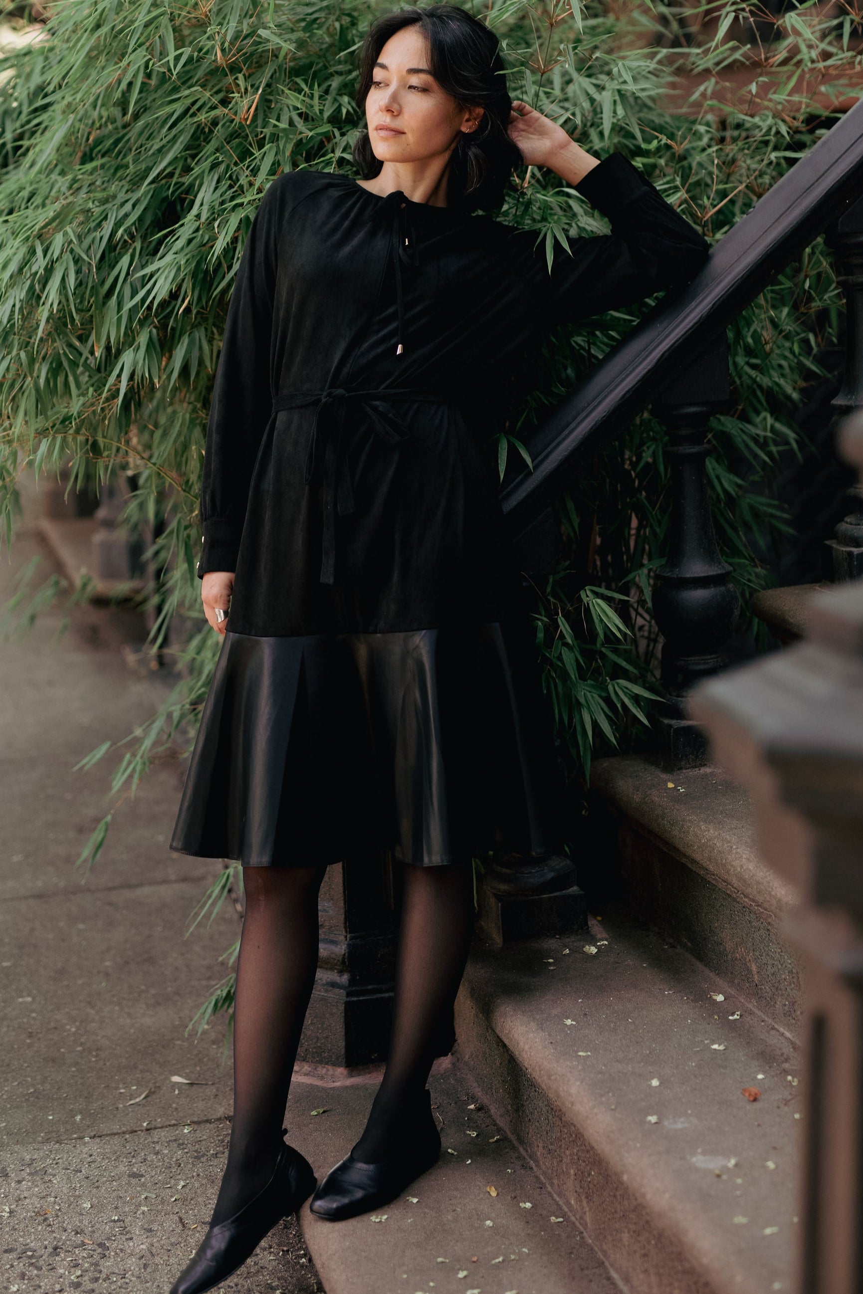 black long sleeve suede dress Suede Leather combo dress