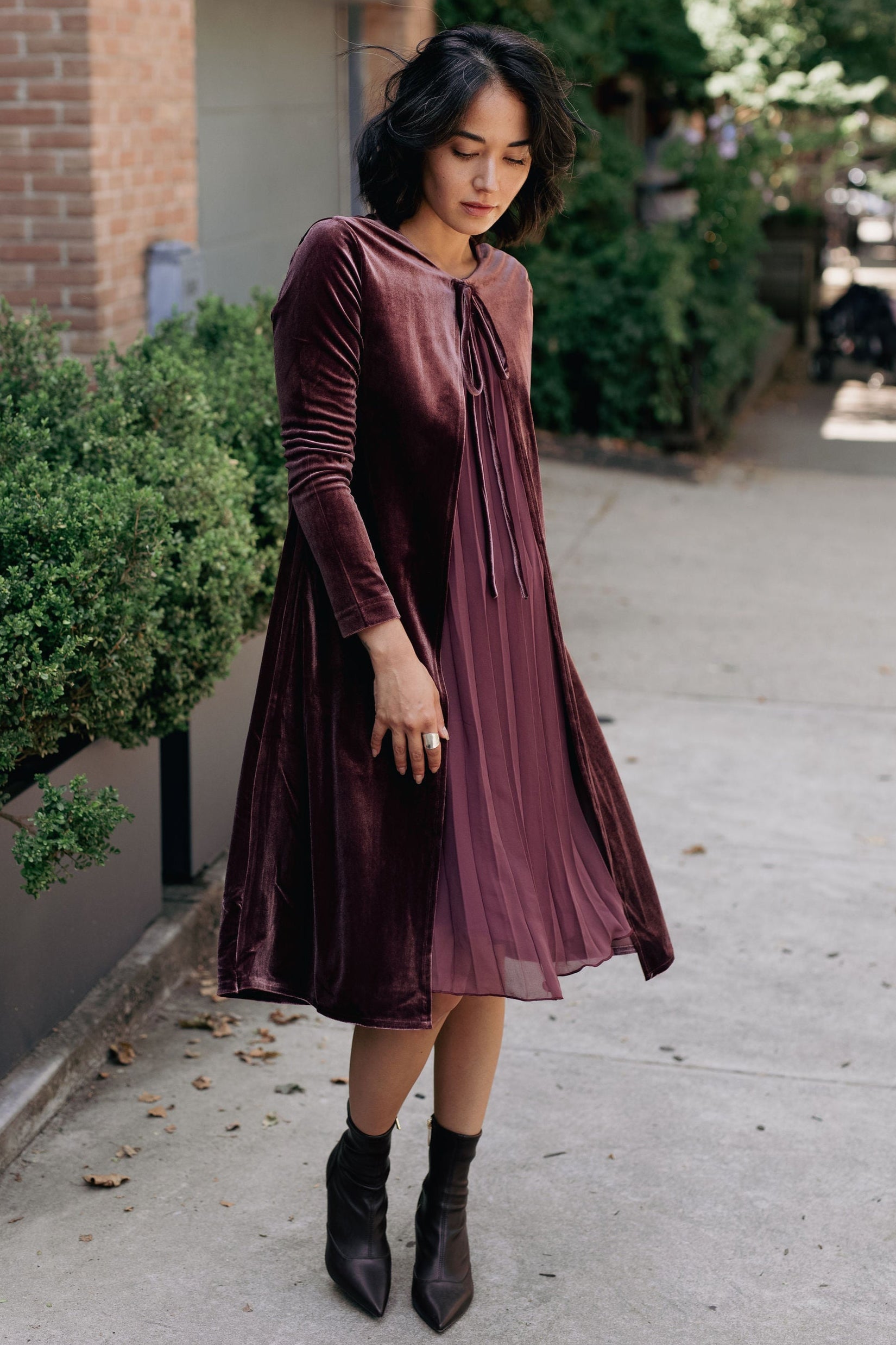 Velvet pleated chiffon dress - Dark Rose
