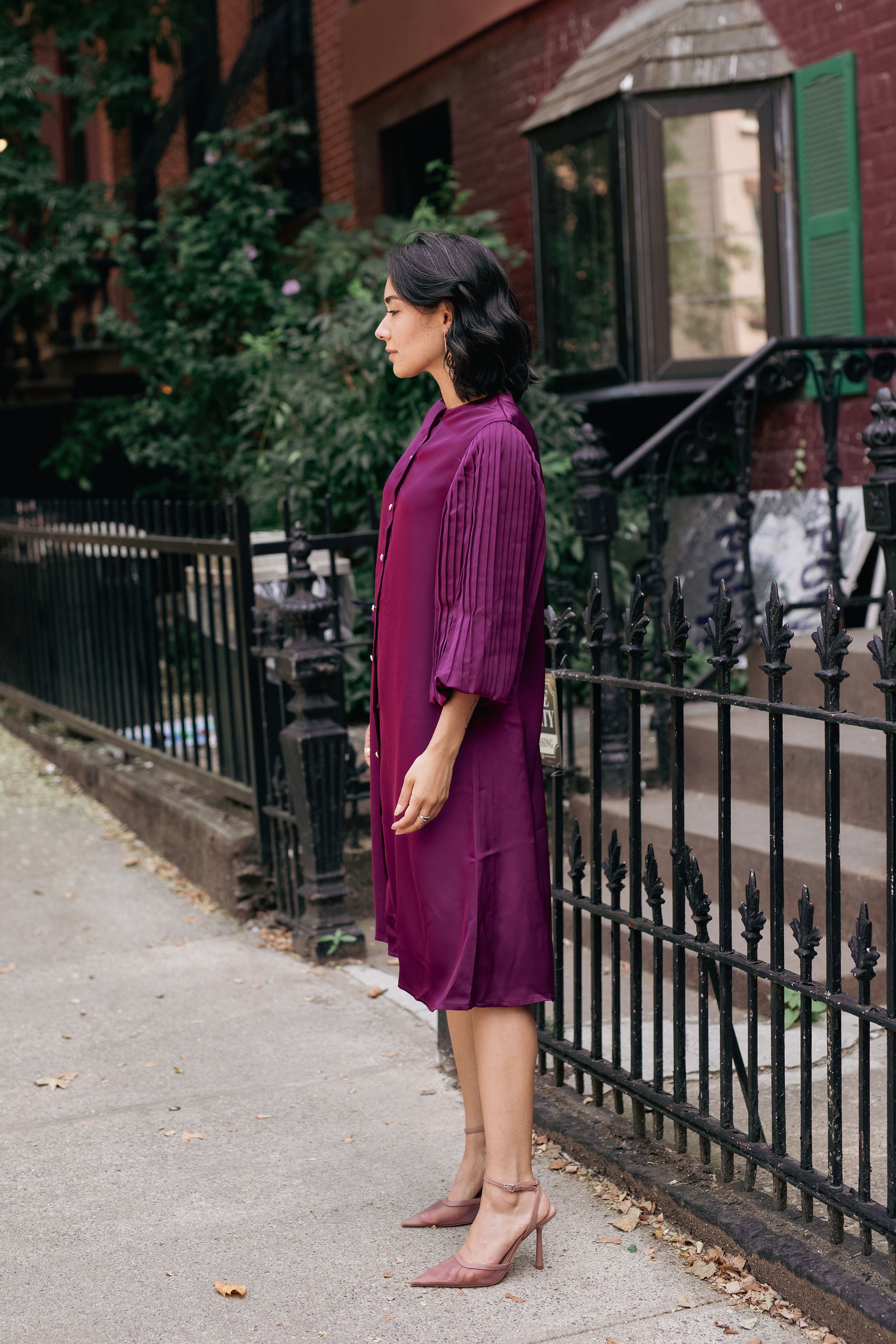 A-line satin dress pleated sleeves - Purple