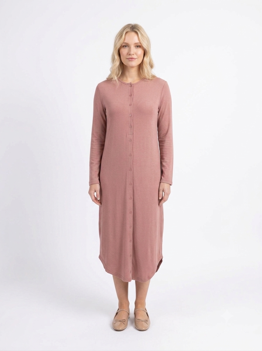 Button down rounded hem basic dress - Pink