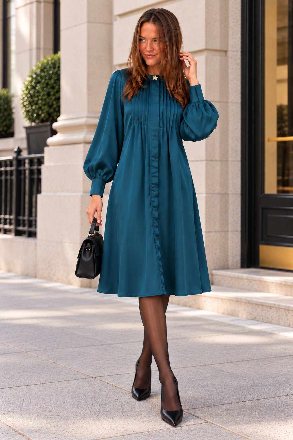 Micro pleats satin dress - Teal