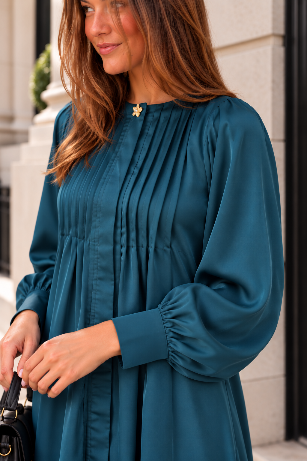 Micro pleats satin dress - Teal