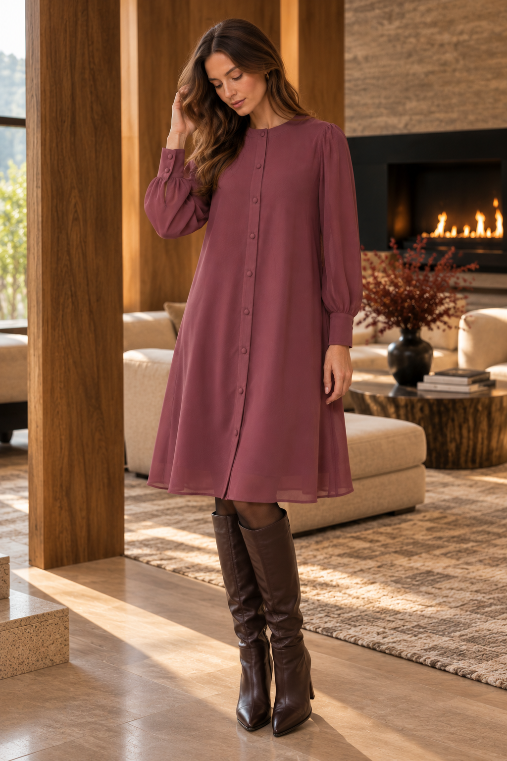 A line Chiffon dress - Mauve