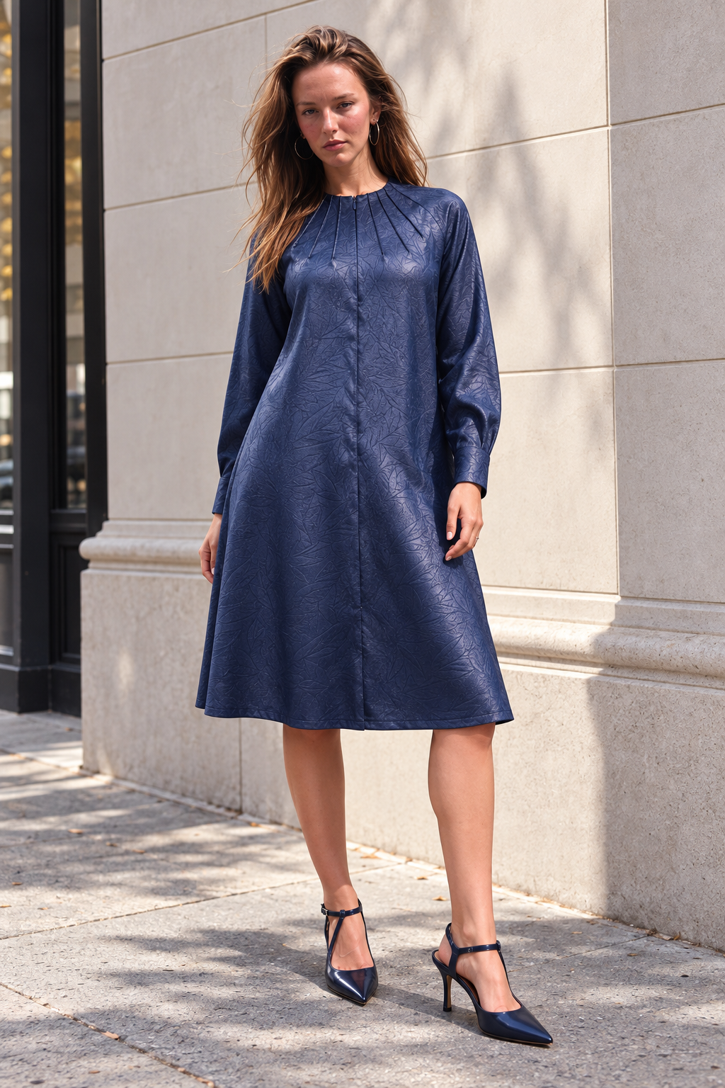 A-line leather texture dress - Navy