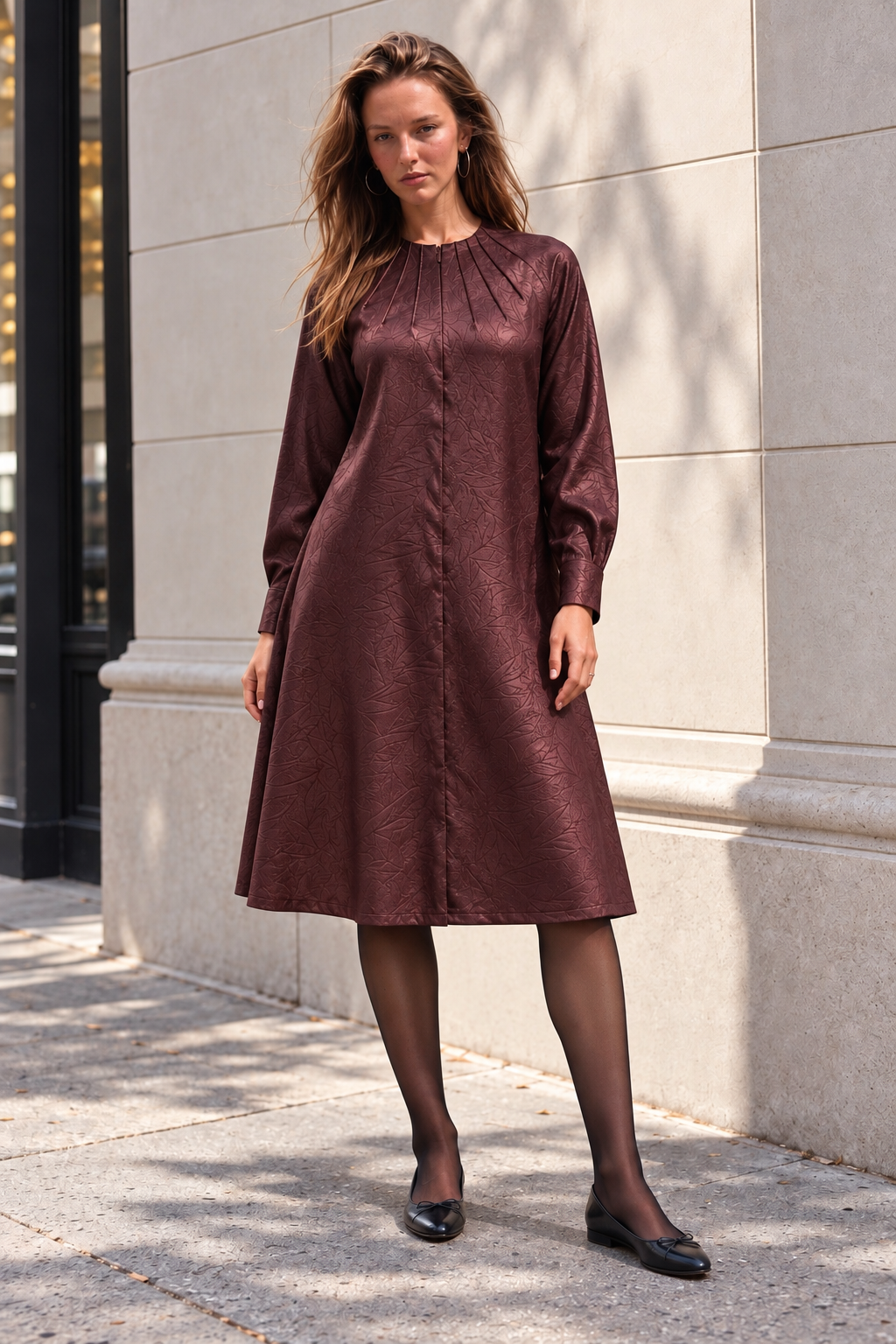 A-line leather texture dress - WIne