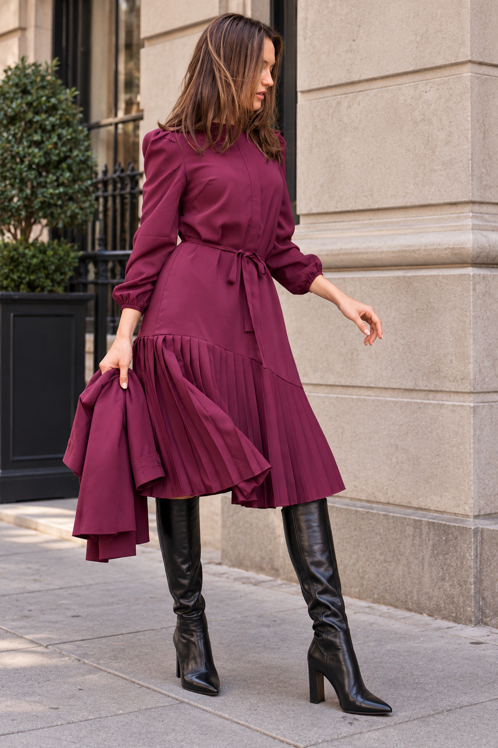 Asymmetrical pleated shift dress - Plum