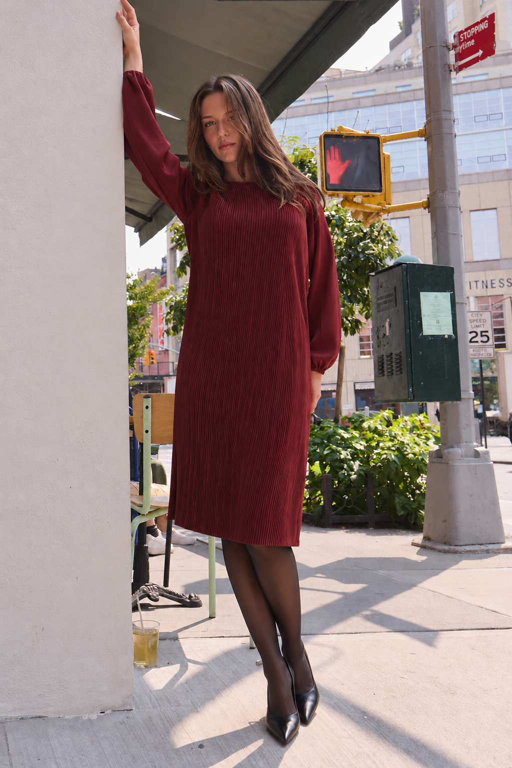 Fine pleat satin dress - Rust