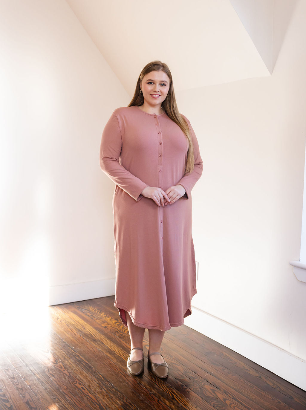 Button down rounded hem basic dress - Pink