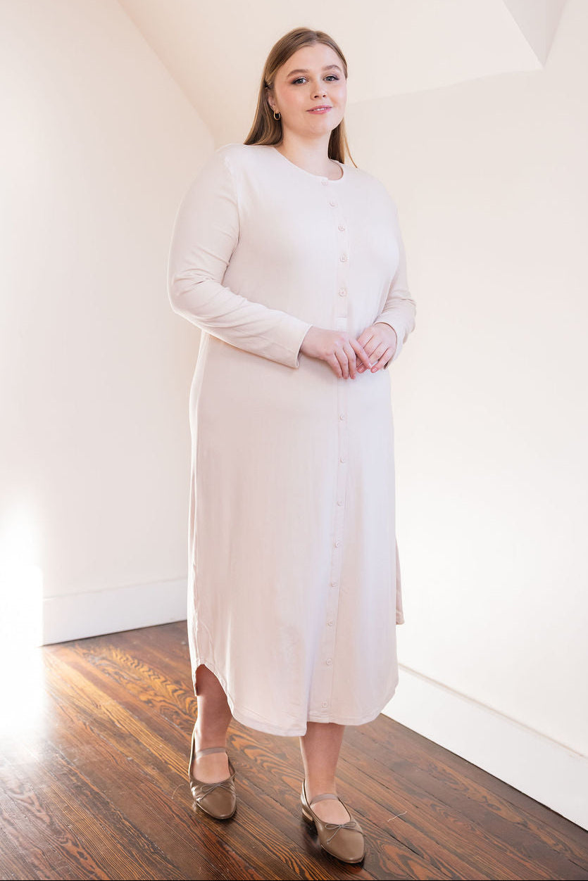 Button down rounded hem basic dress - Cream