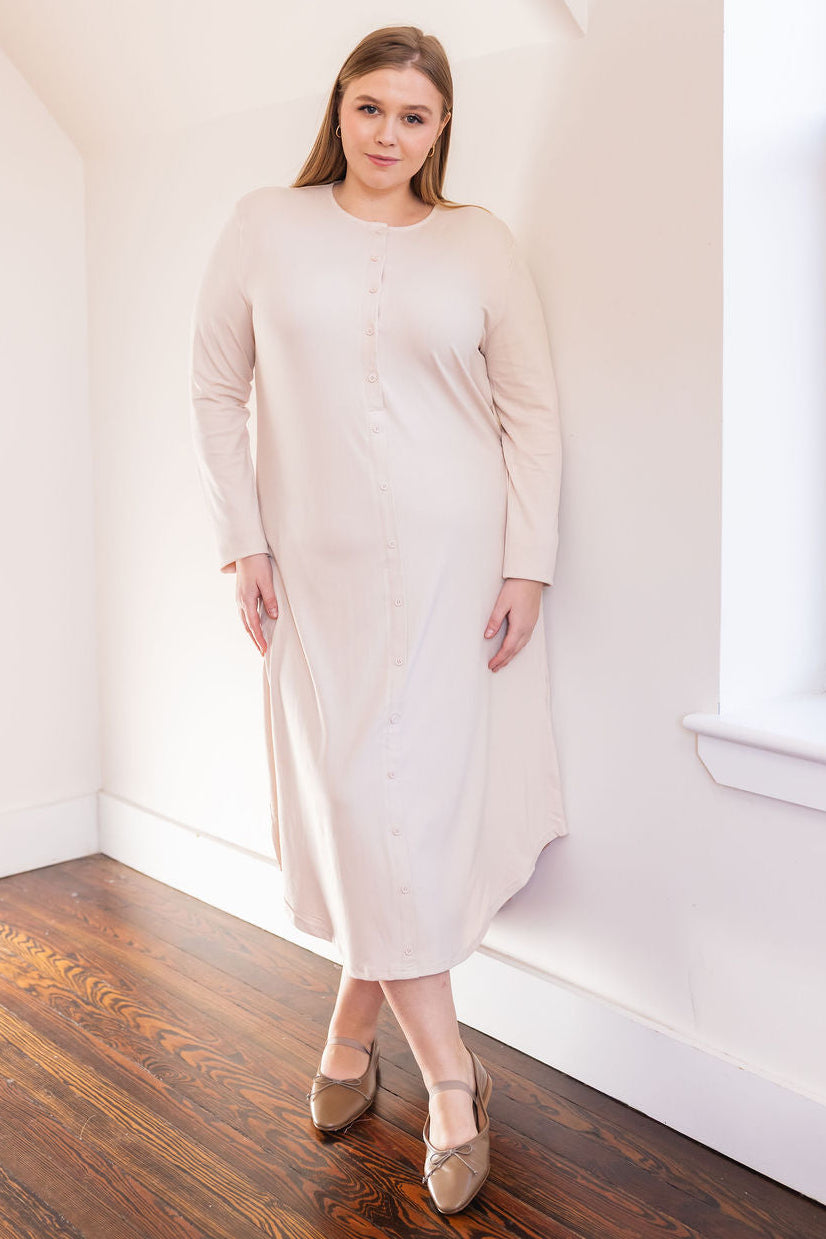 Button down rounded hem basic dress - Cream