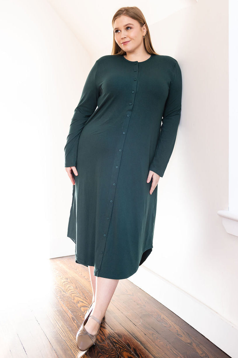 Button down rounded hem basic dress - Green