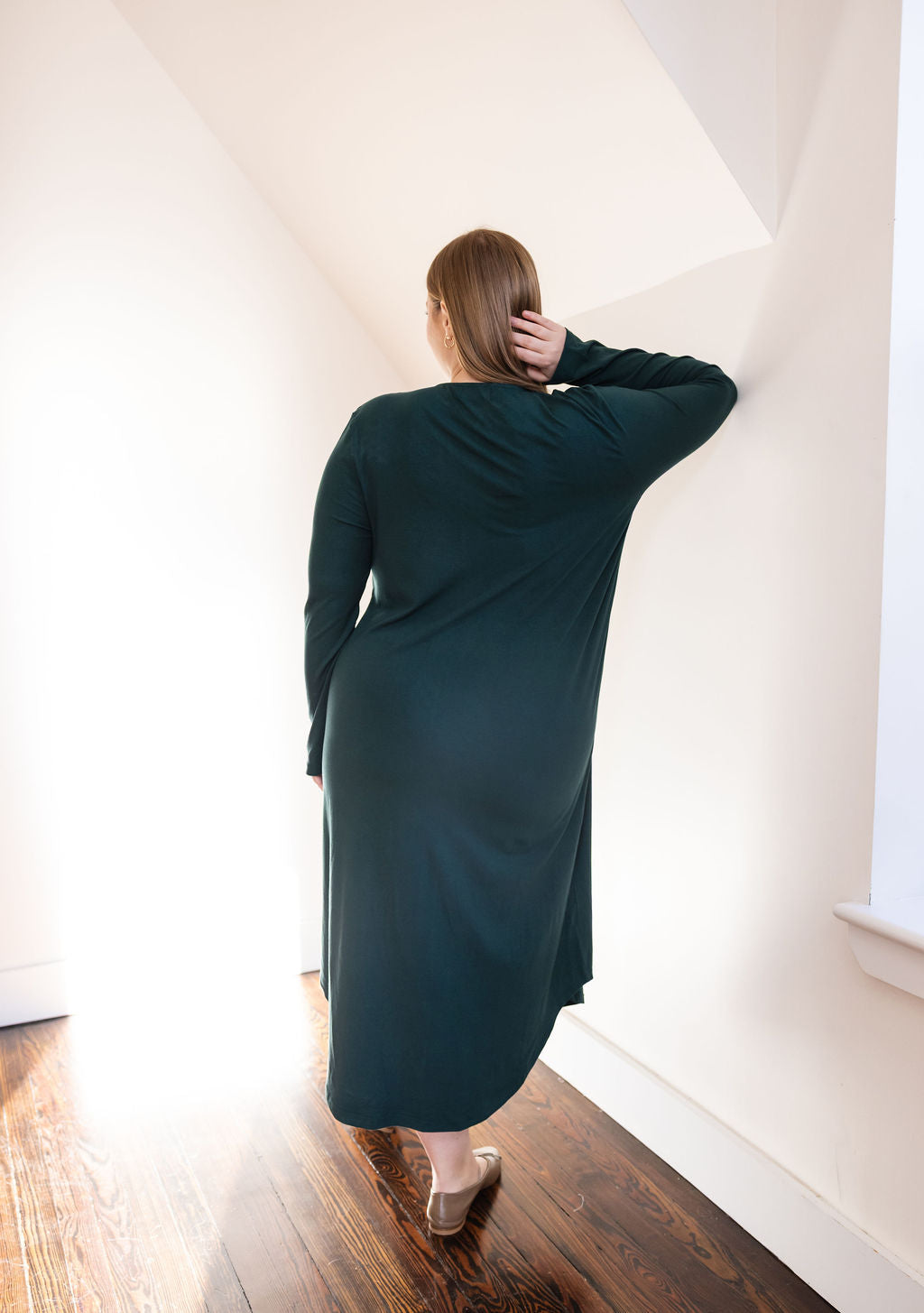 Button down rounded hem basic dress - Green