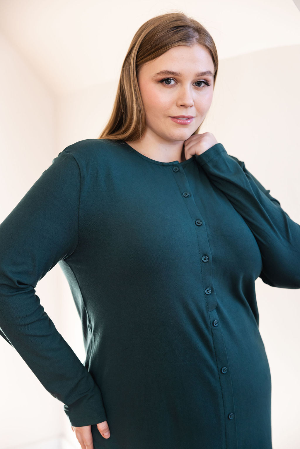 Button down rounded hem basic dress - Green