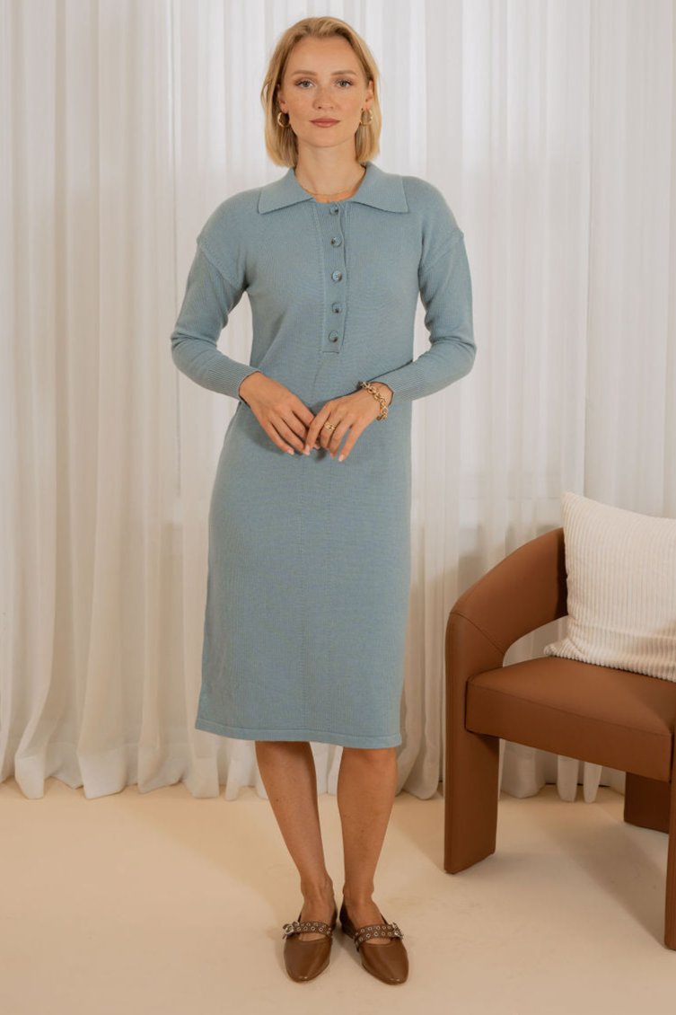 Knit collar buttons dress - Light Blue