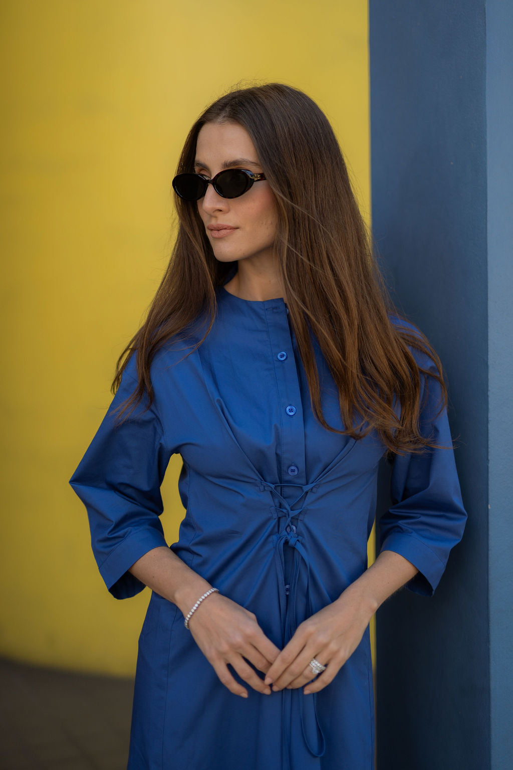 Elowen Cotton Tie-Waist Dress - Coblat Blue