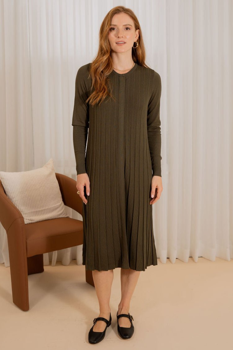 Pleated knit dress - Olive