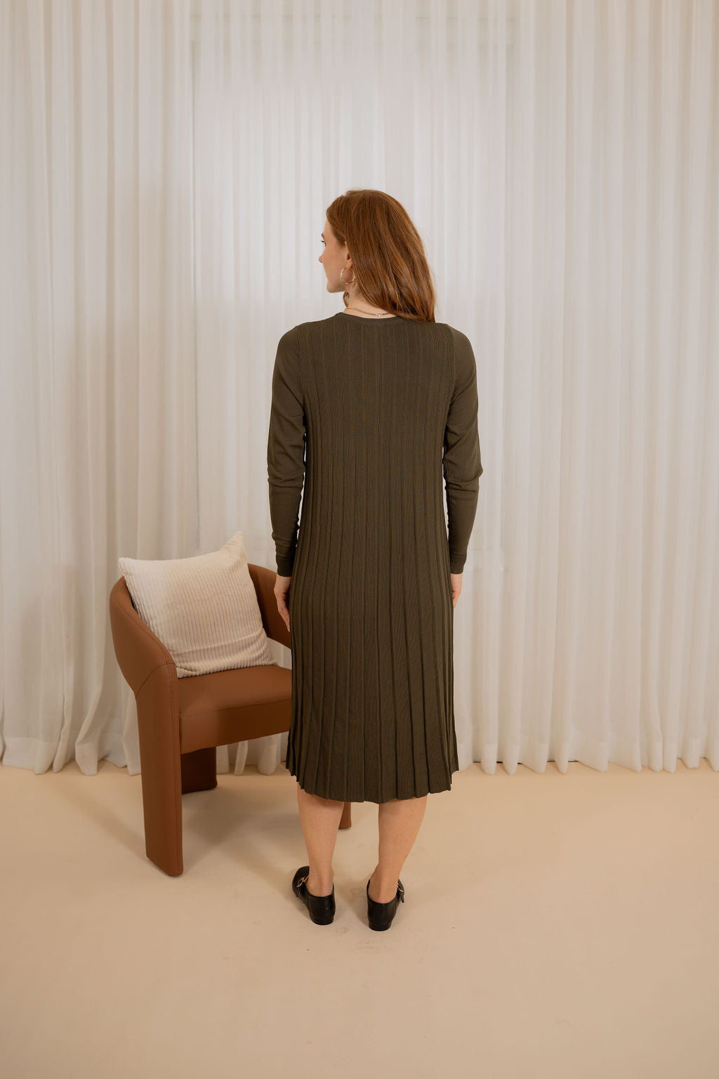 Pleated knit dress - Olive