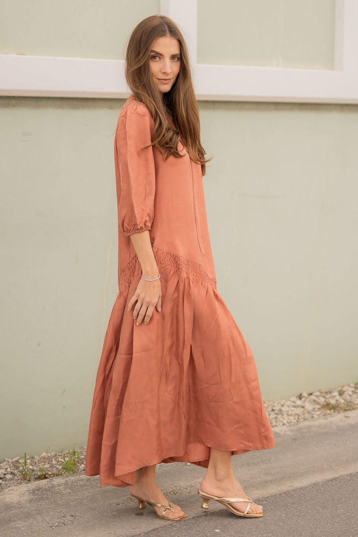 Asymmetrical smock drop Cupro maxi dress - Peach
