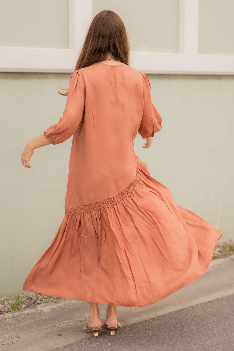 Asymmetrical smock drop Cupro maxi dress - Peach