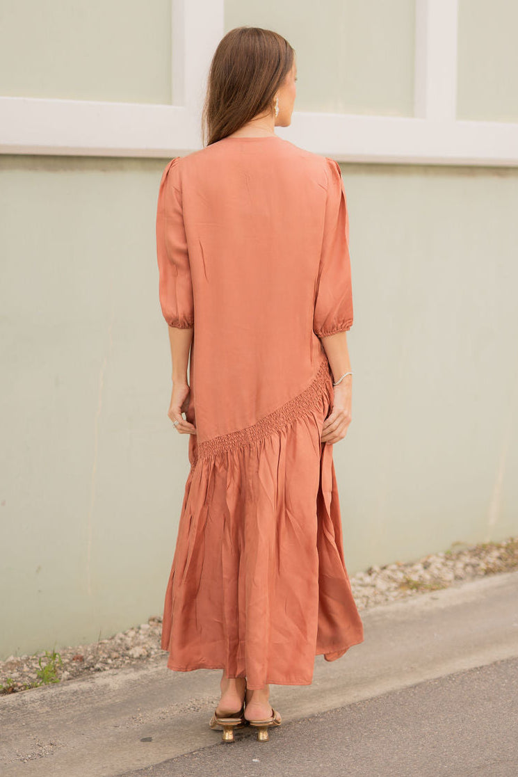 Asymmetrical smock drop Cupro maxi dress - Peach