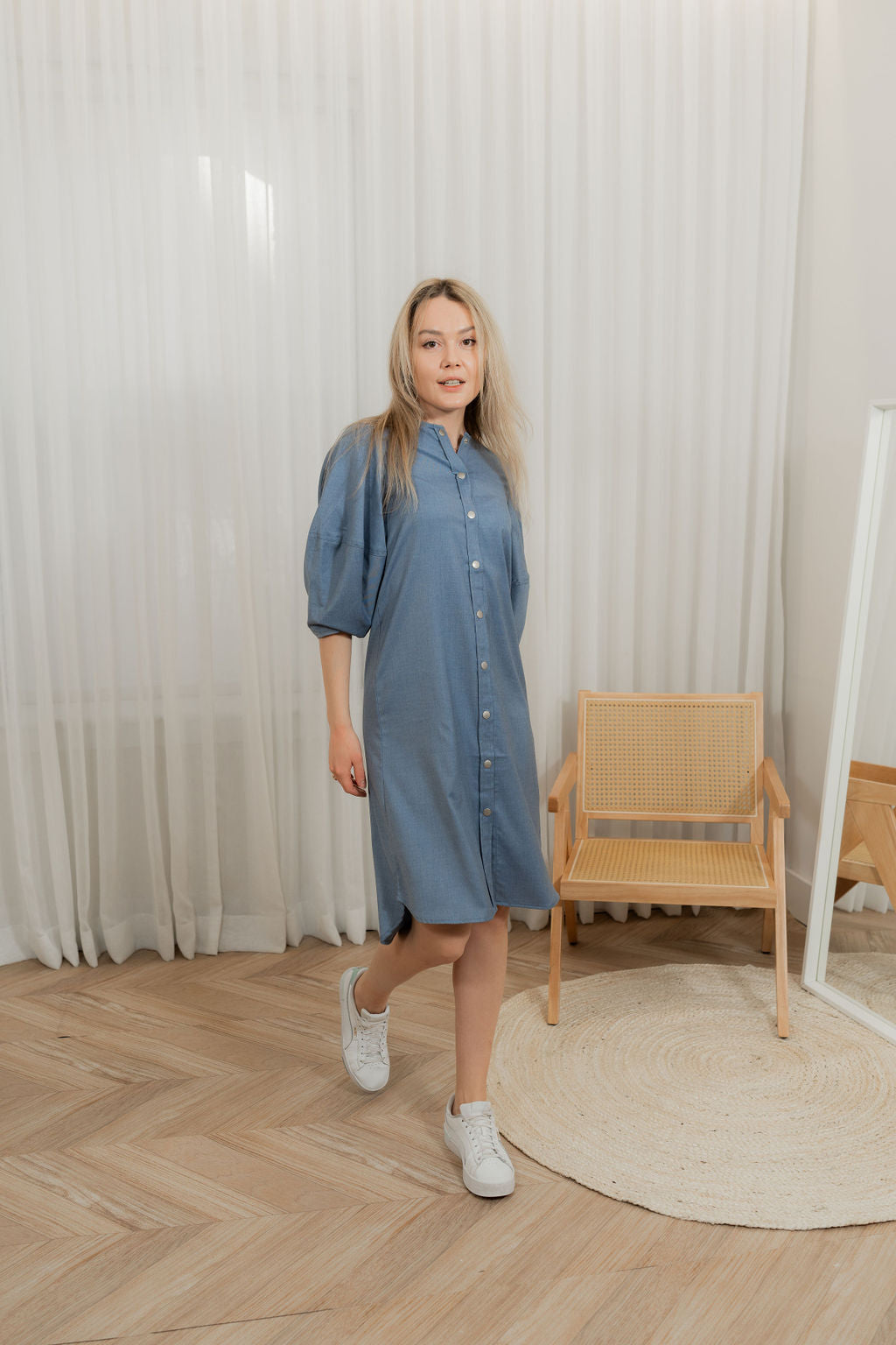 Denim puffy sleeves shirt dress