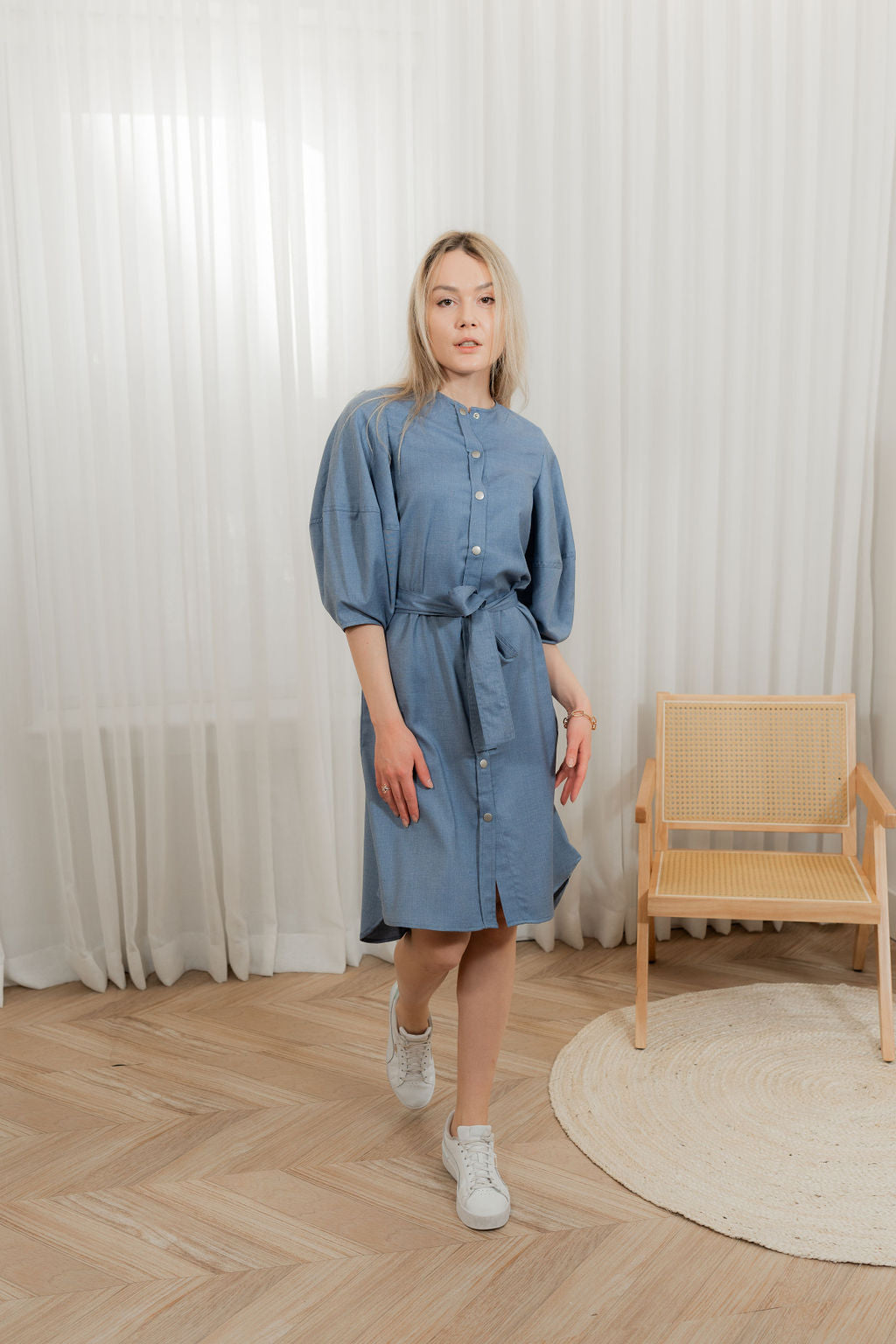 Denim puffy sleeves shirt dress