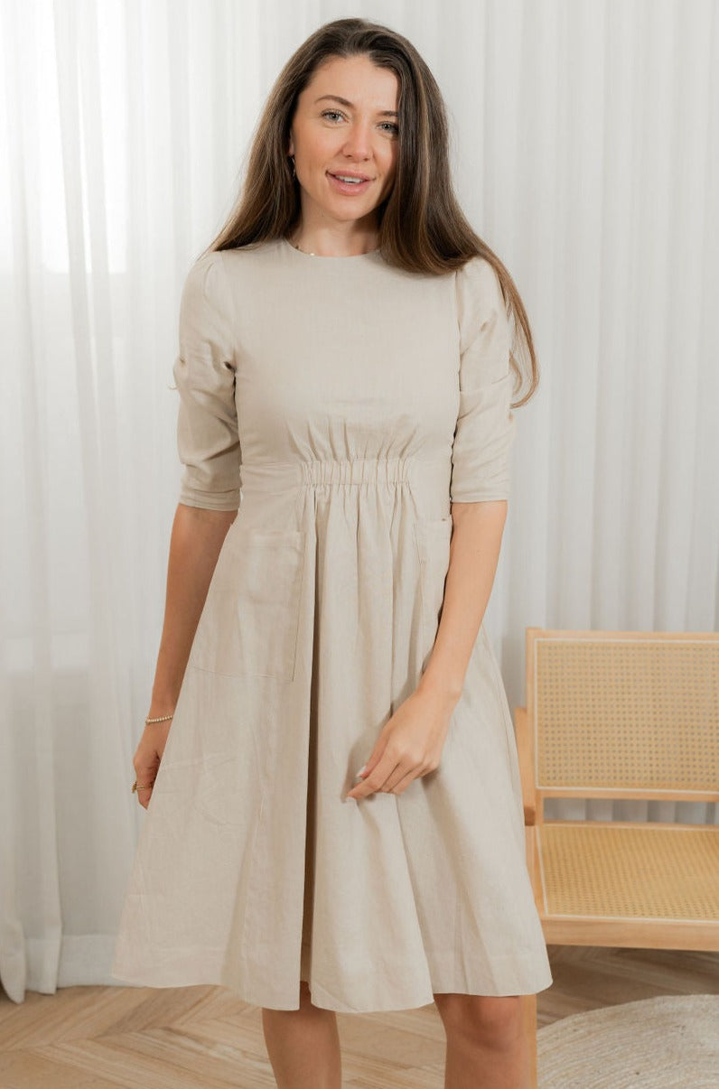 Linen gathered waist dress