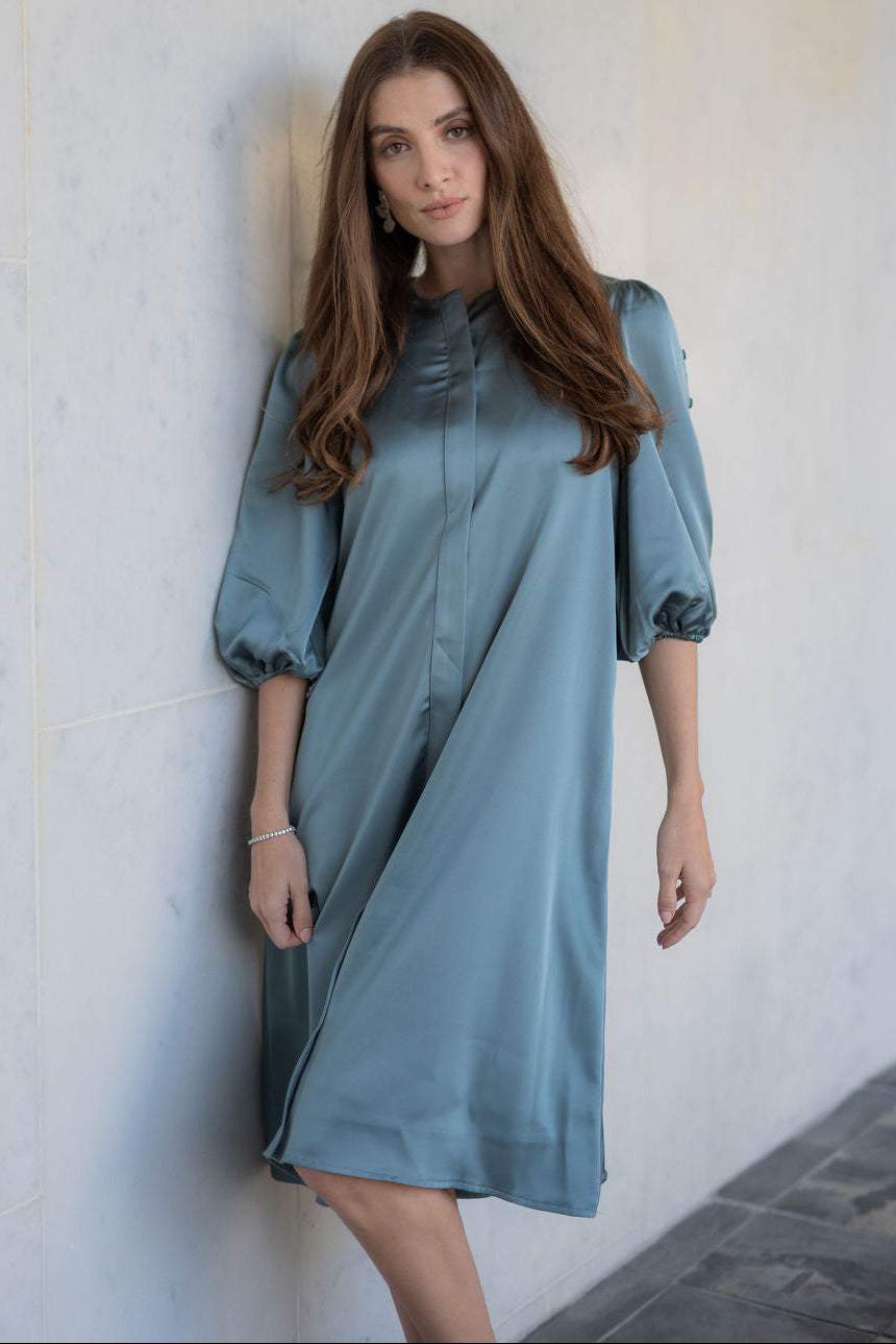 Selene Button-Trim Sleeve Dress - Sea foam