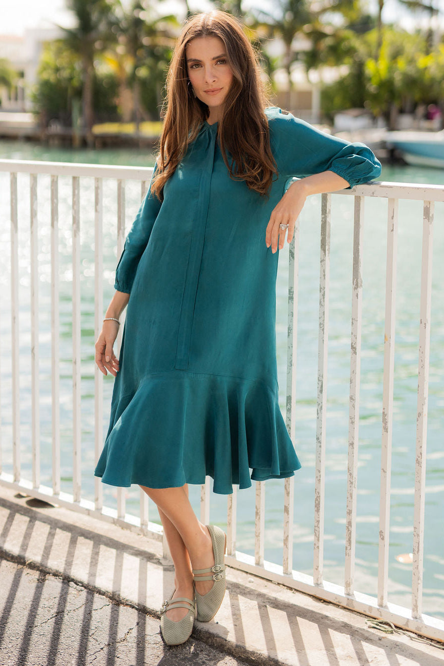 Soft Drape Panel Cupro Dress - Teal