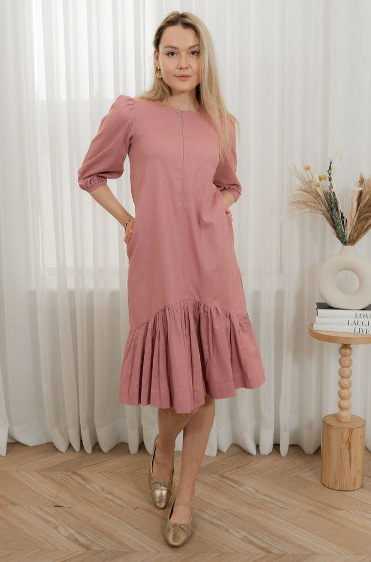 Linen round drop waist dress