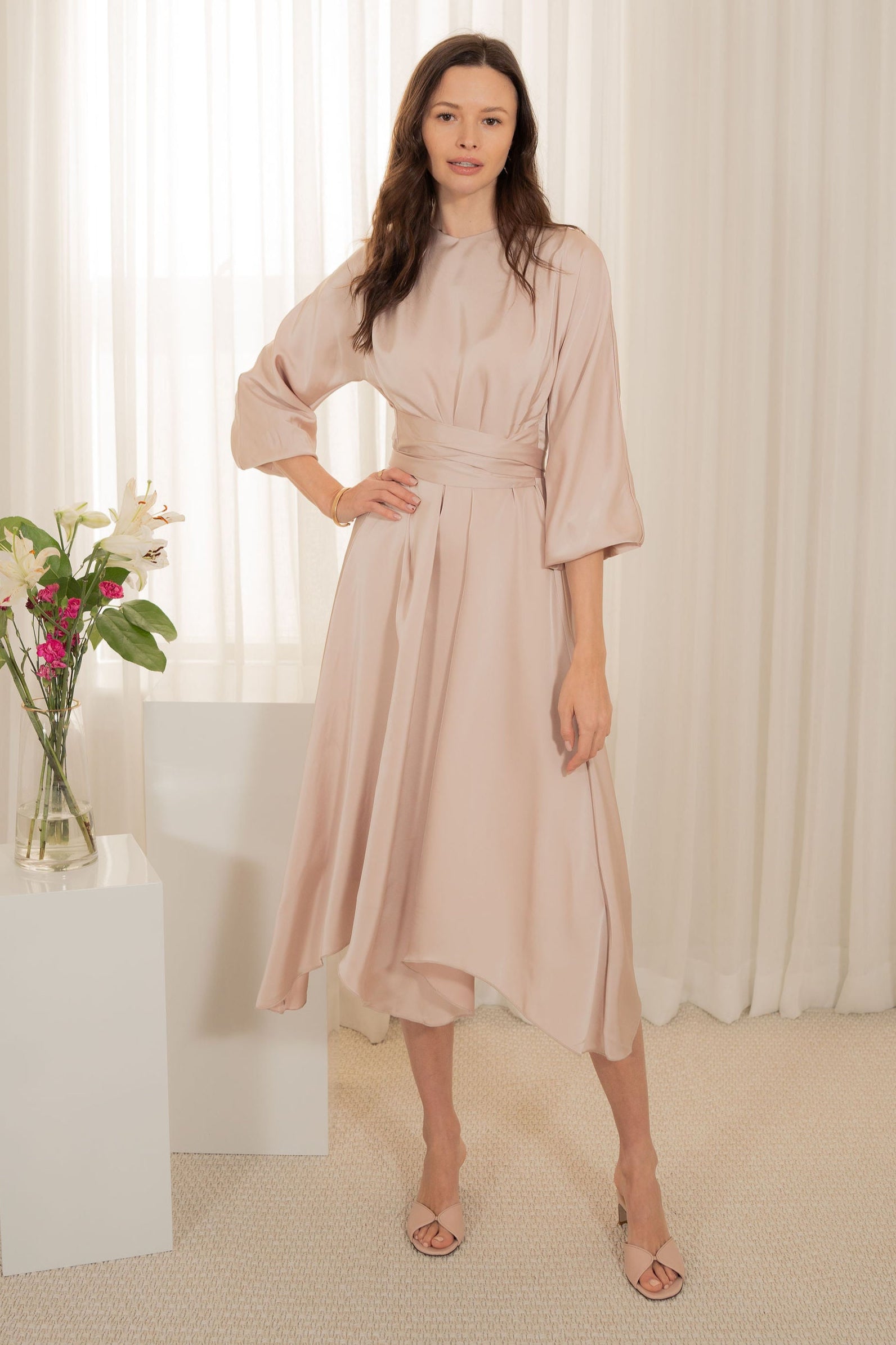 Satin asymmetrical hemline dress