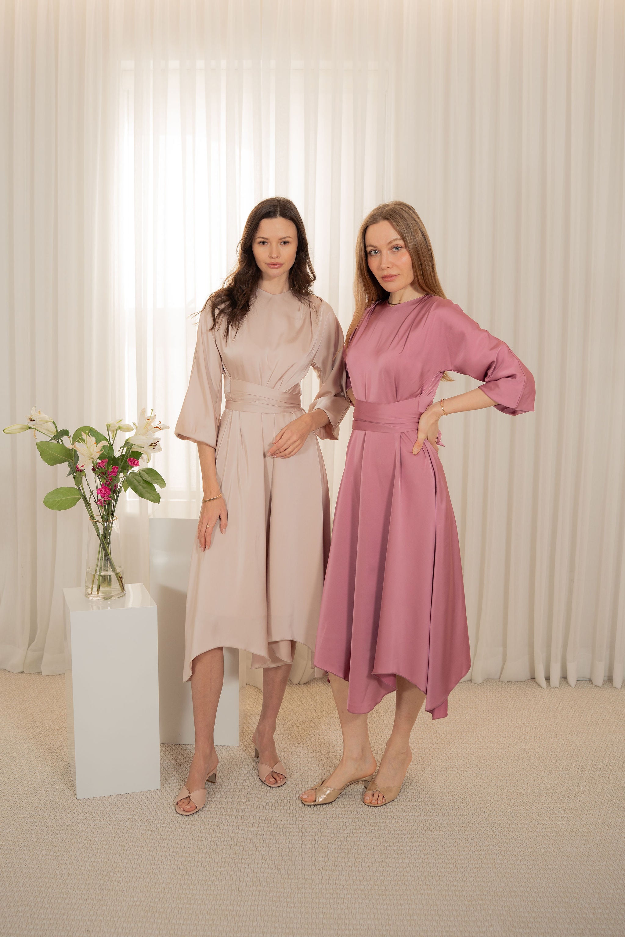 Satin asymmetrical hemline dress