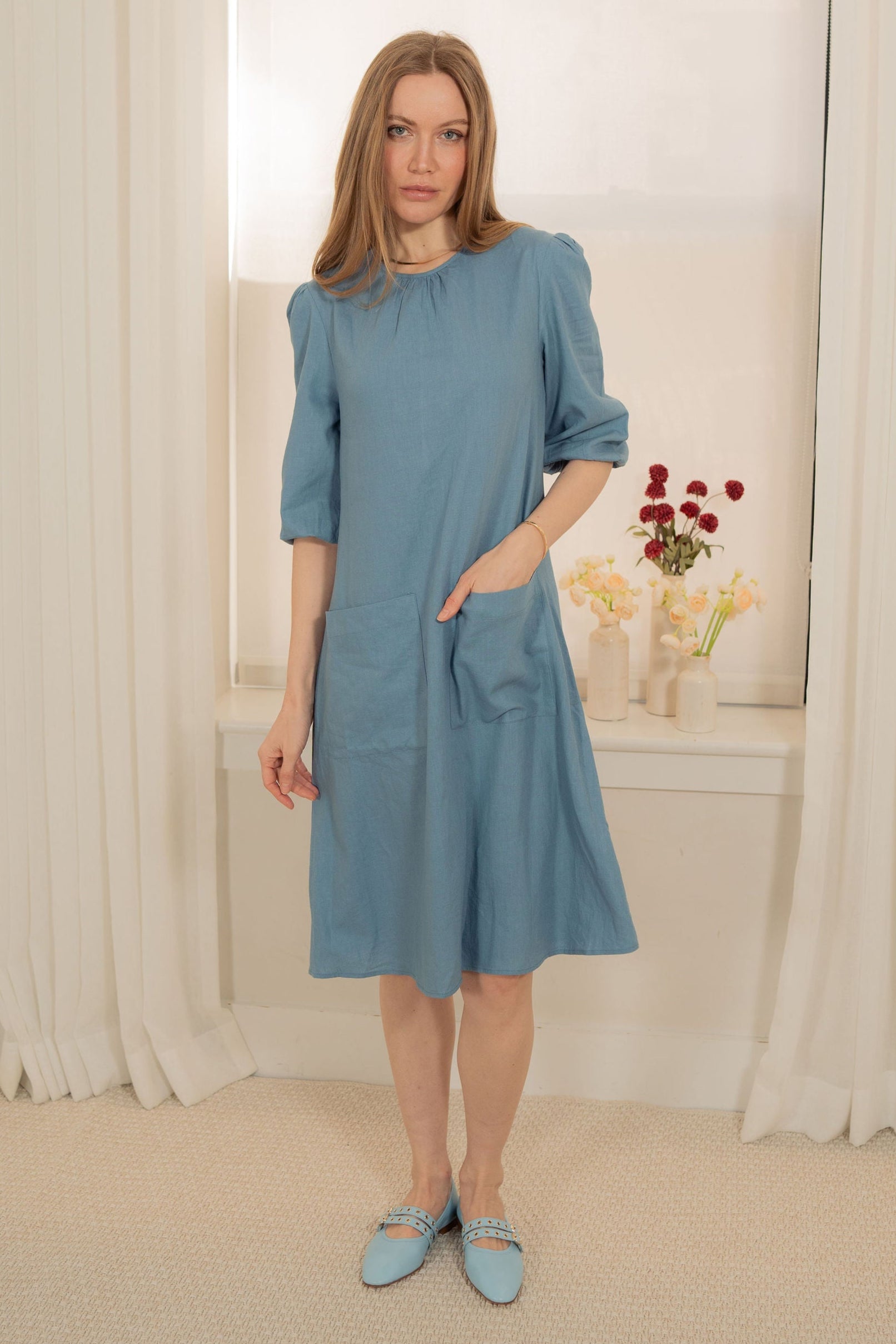 A-line Linen pocket dress - Blue A-line Linen pocket dress - Blue