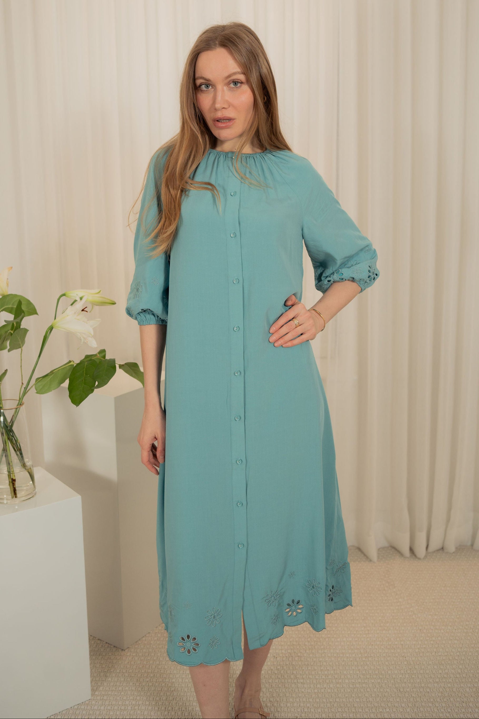 Eyelet Button down dress - Blue Eyelet Button down dress - Blue