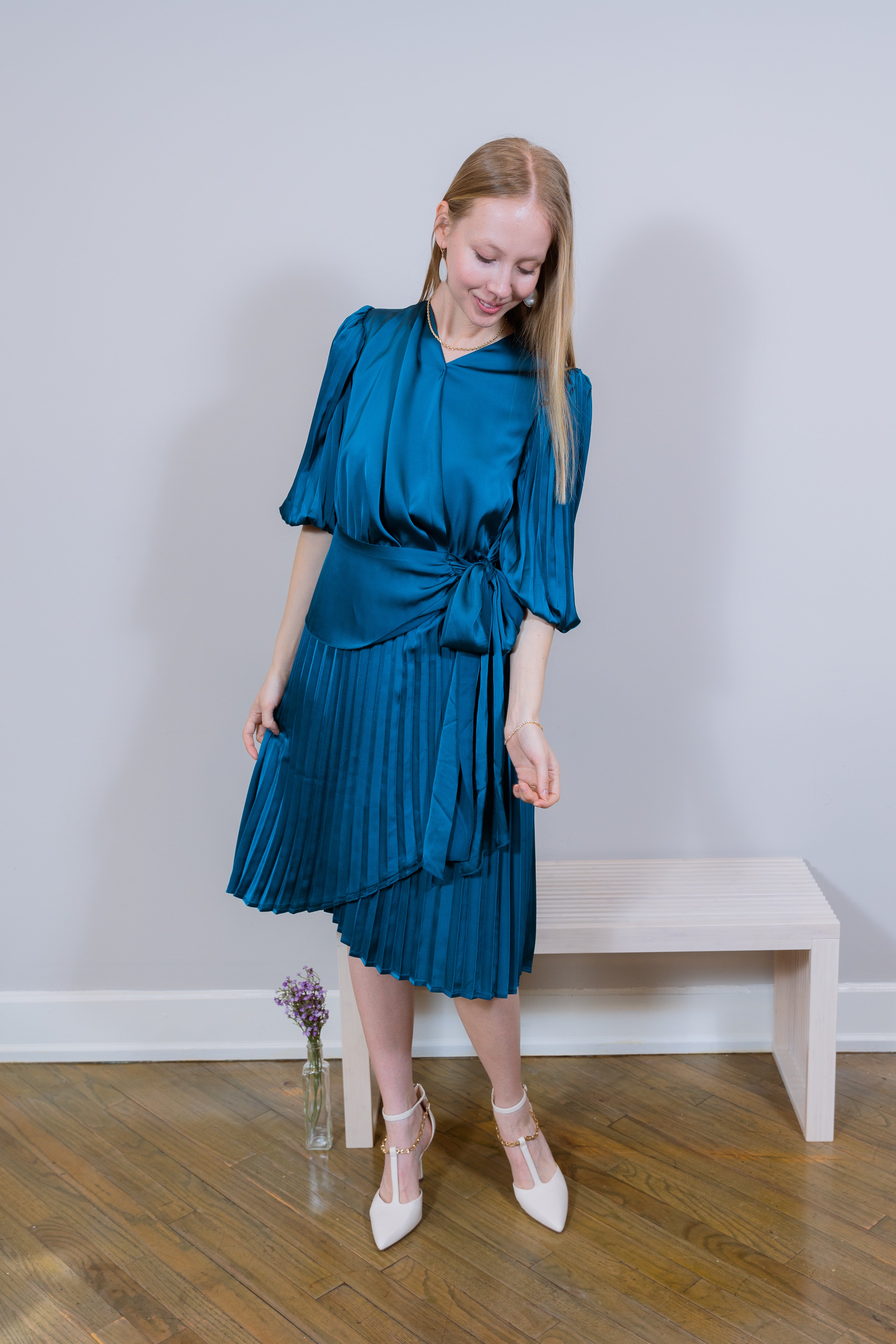 Satin wrap pleated Sapphire Dress