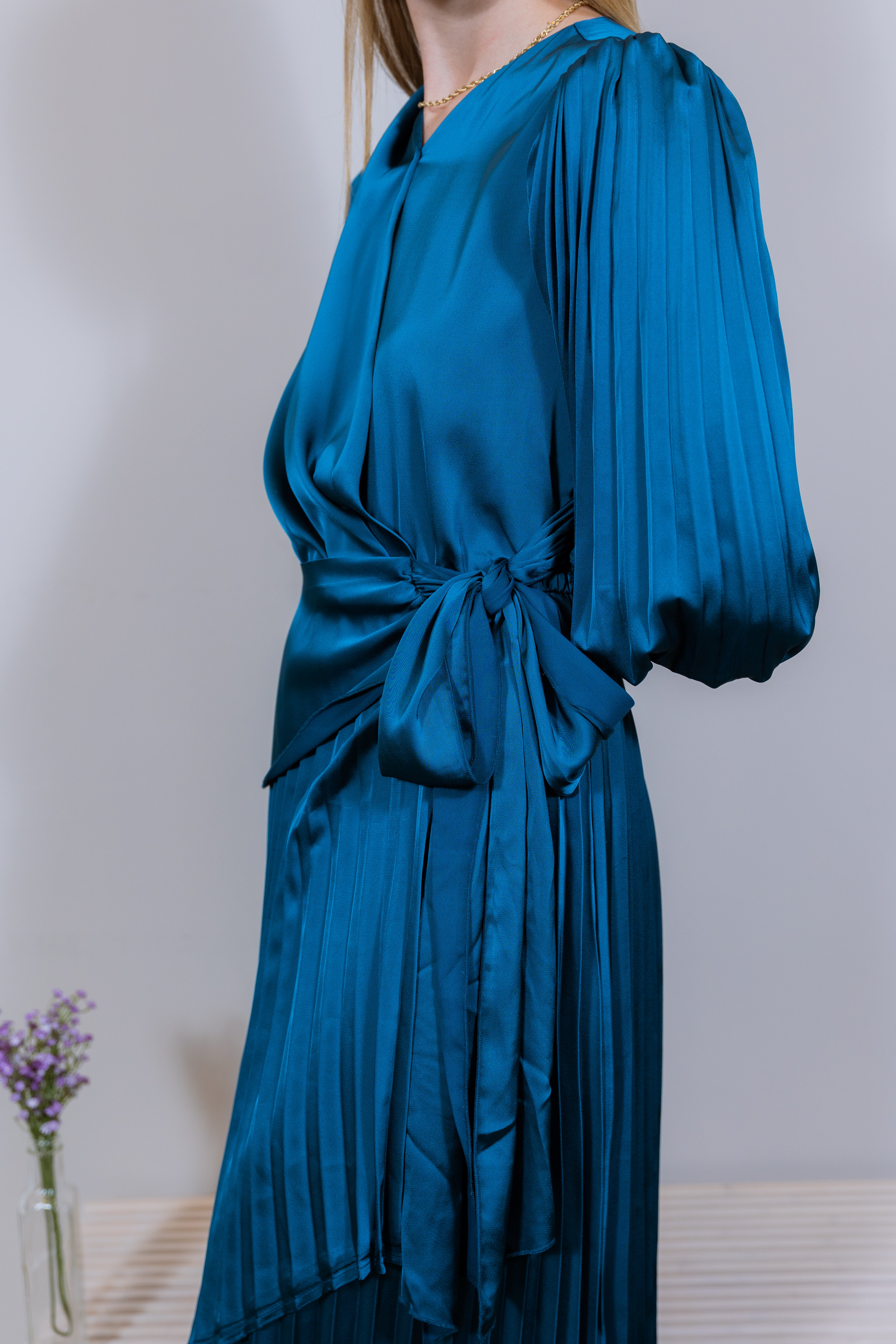 Satin wrap pleated Sapphire Dress
