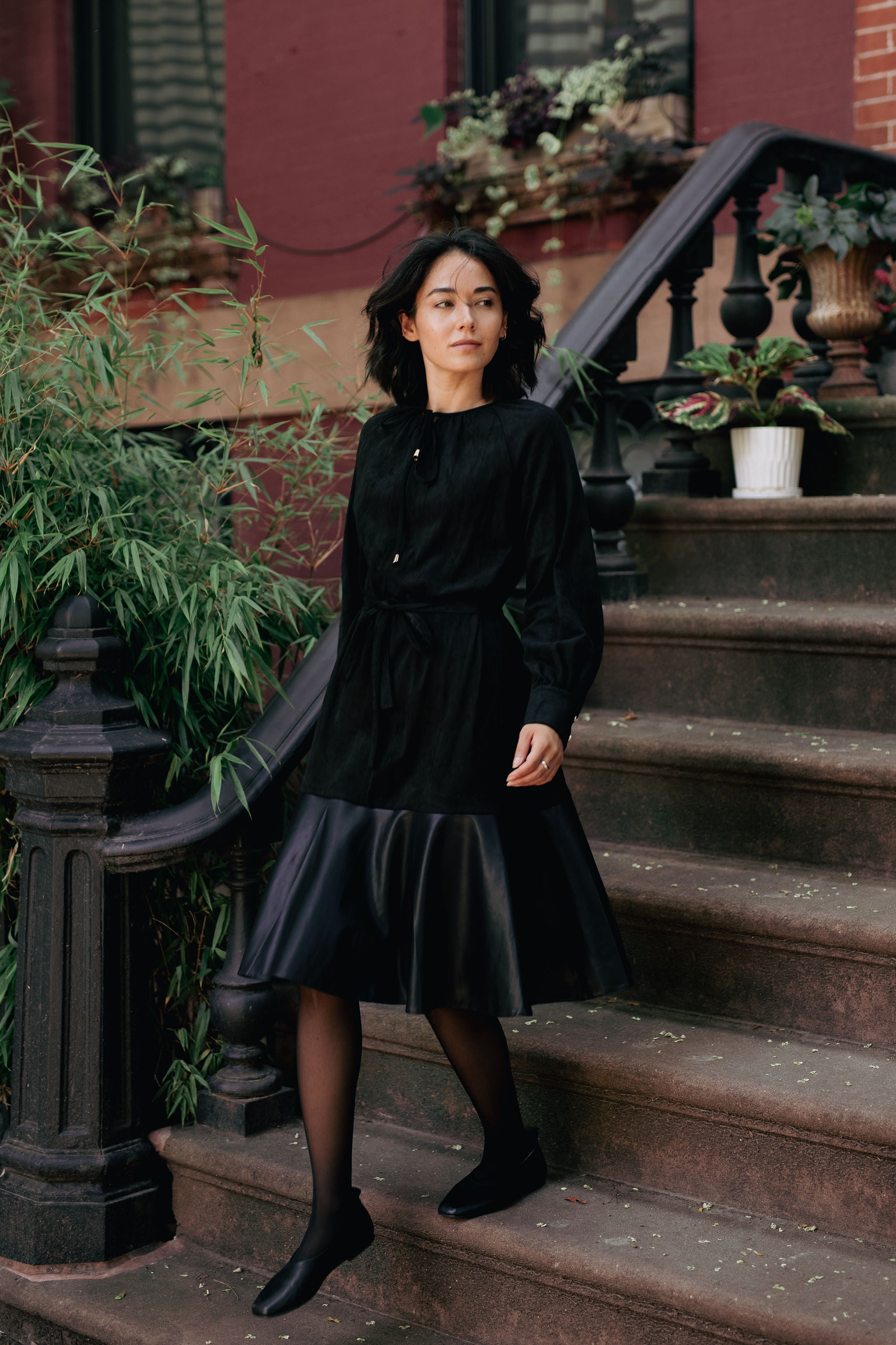Suede  Leather combo dress - Black