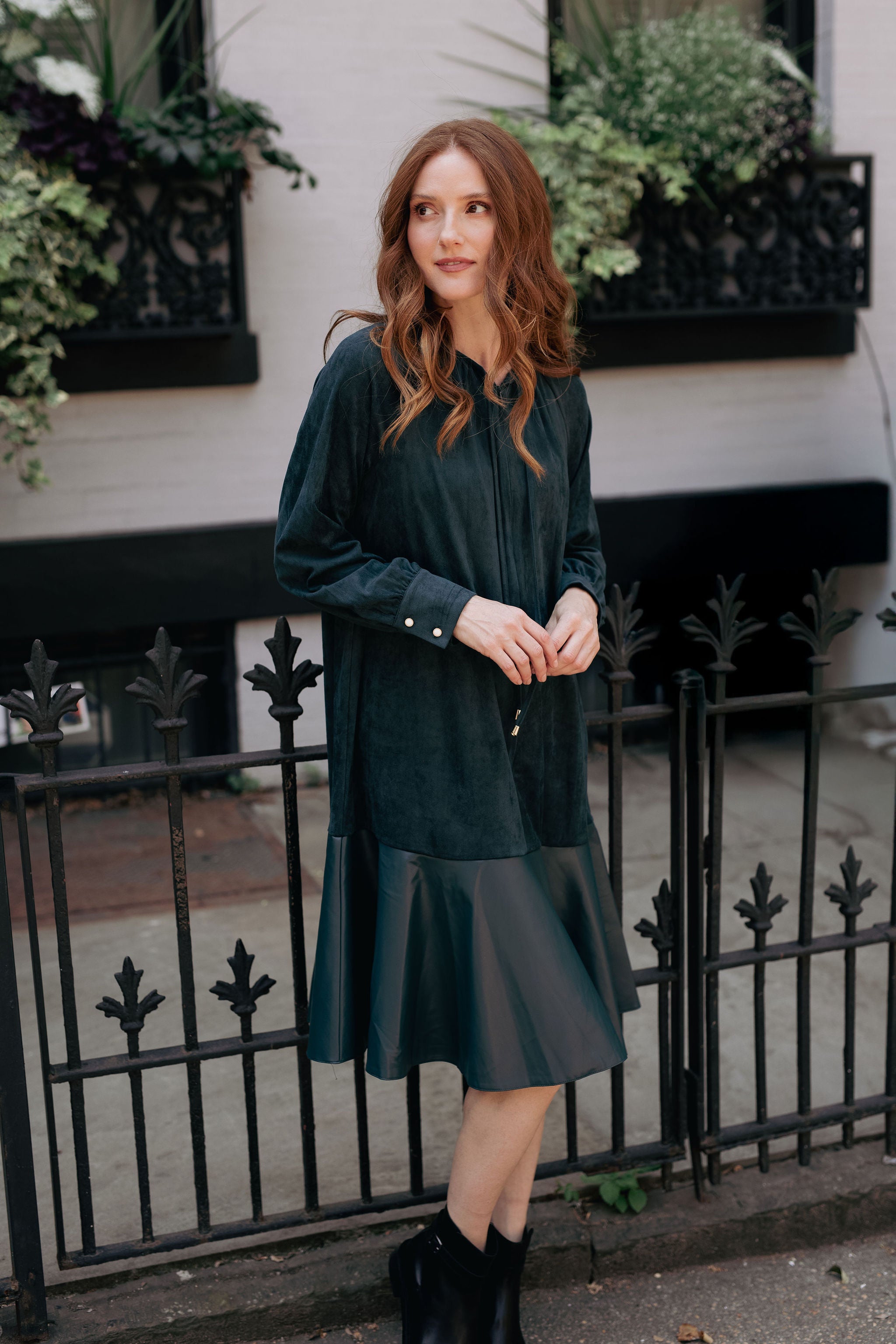 Suede  Leather combo dress - Deep Green