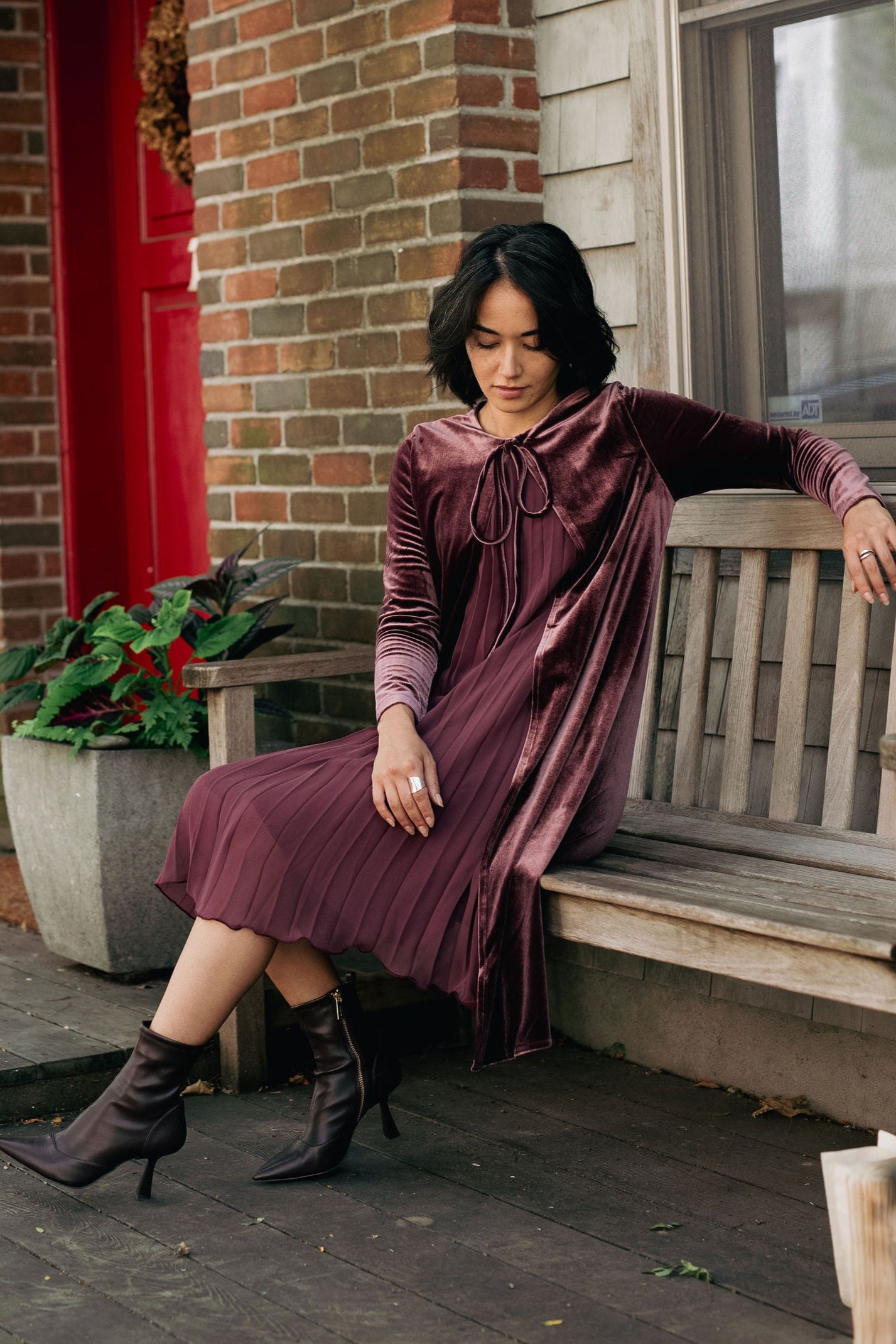 Velvet pleated chiffon dress - Dark Rose