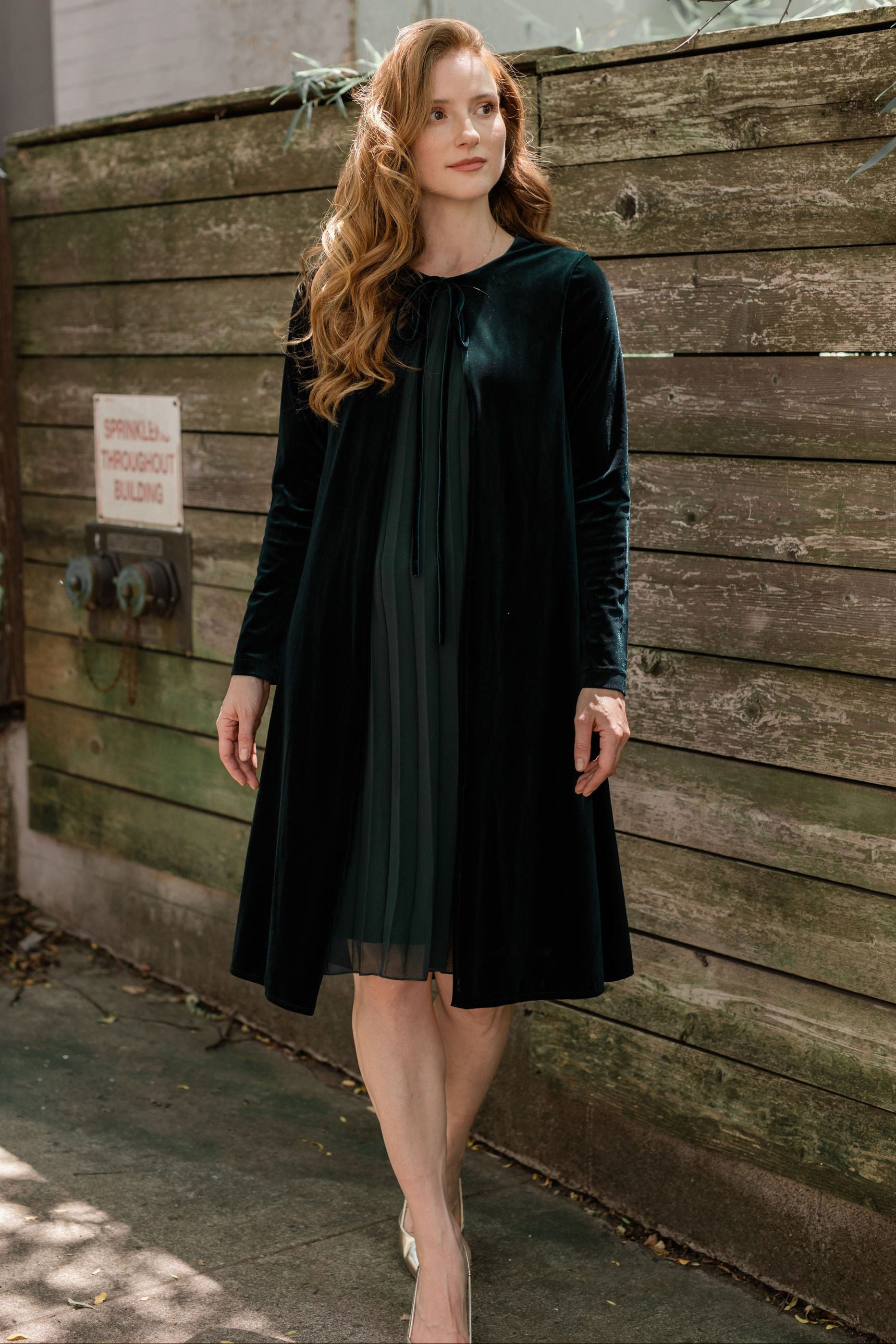 Velvet pleated chiffon dress - Emerald