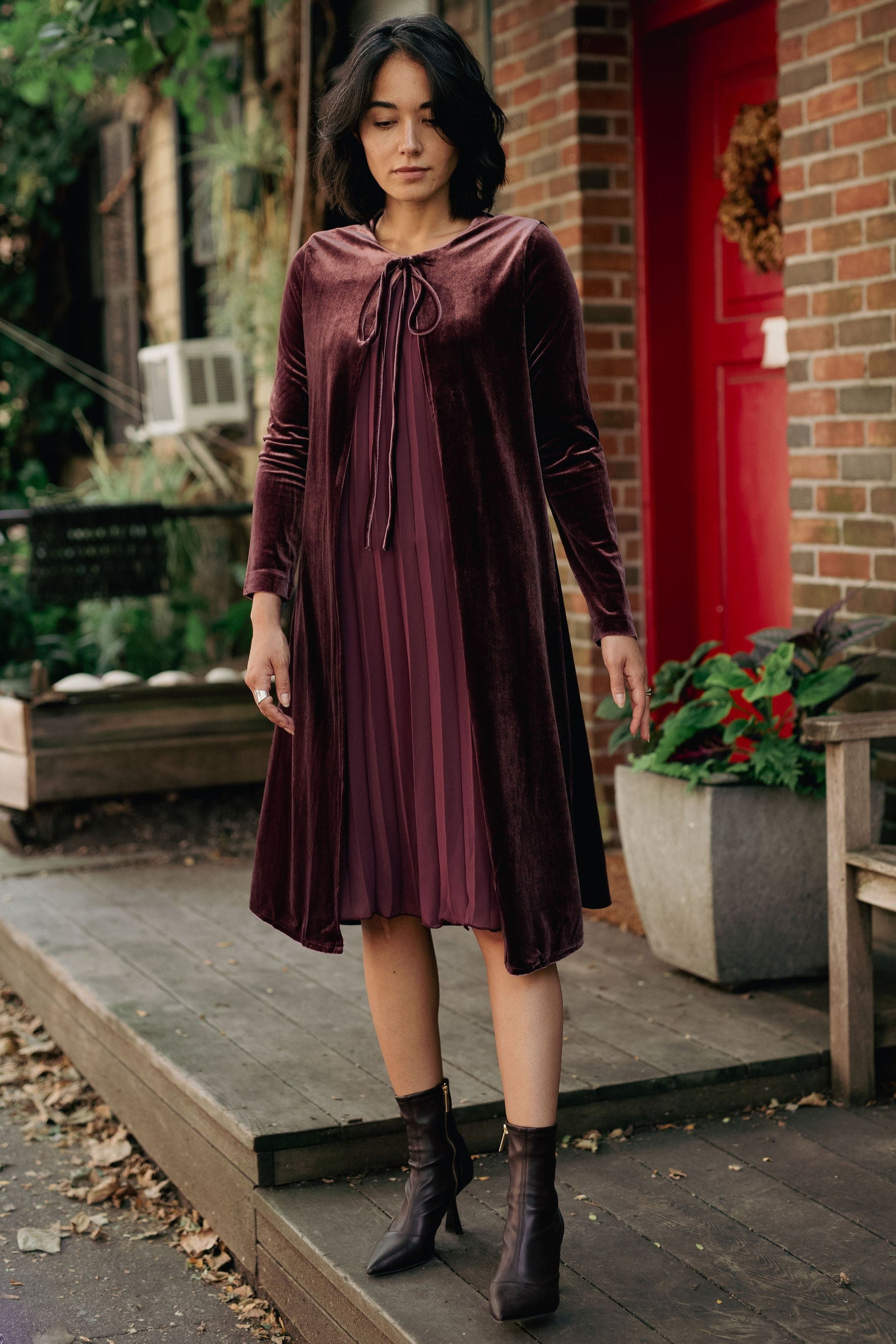 Velvet pleated chiffon dress - Dark Rose