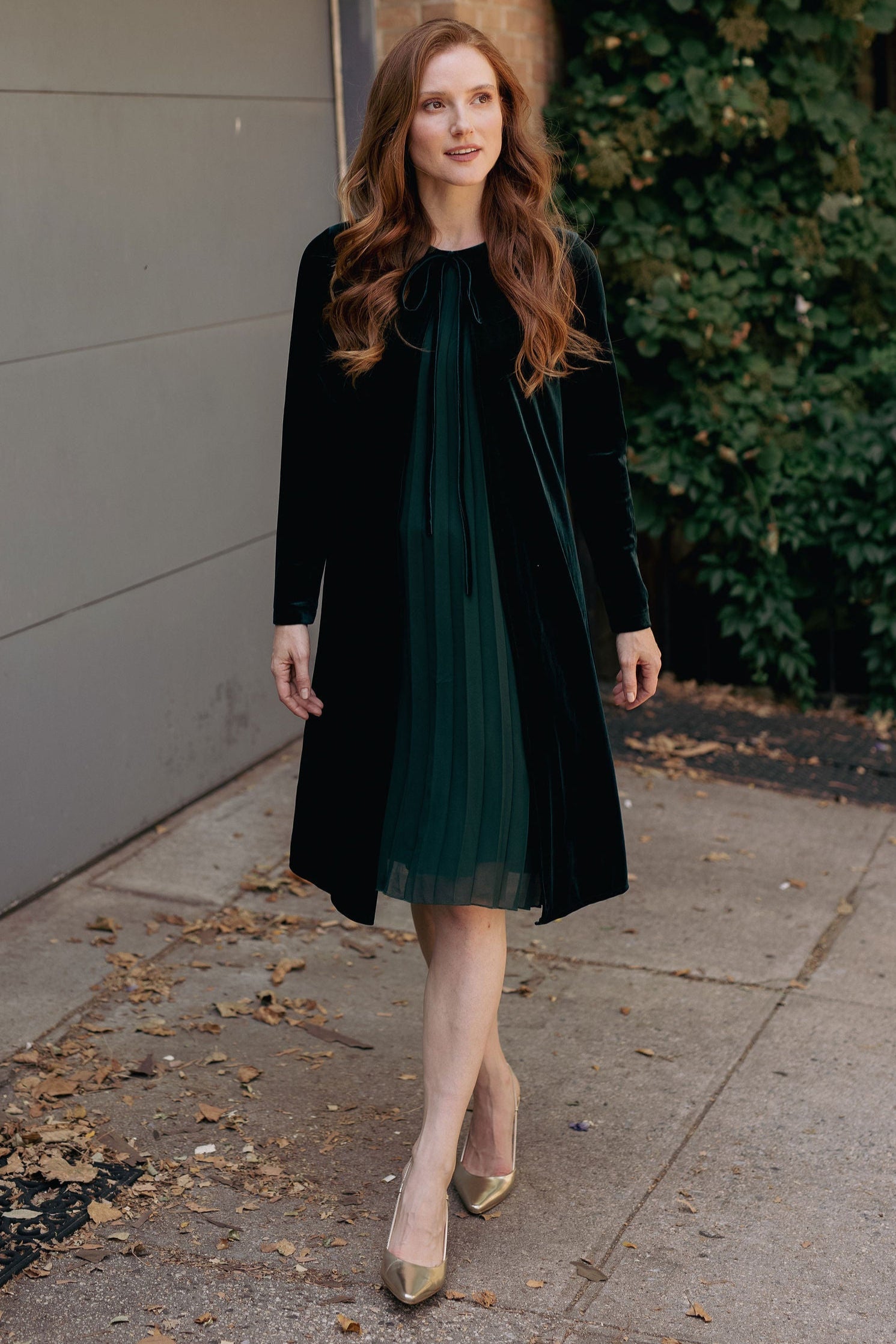 Velvet pleated chiffon dress - Emerald