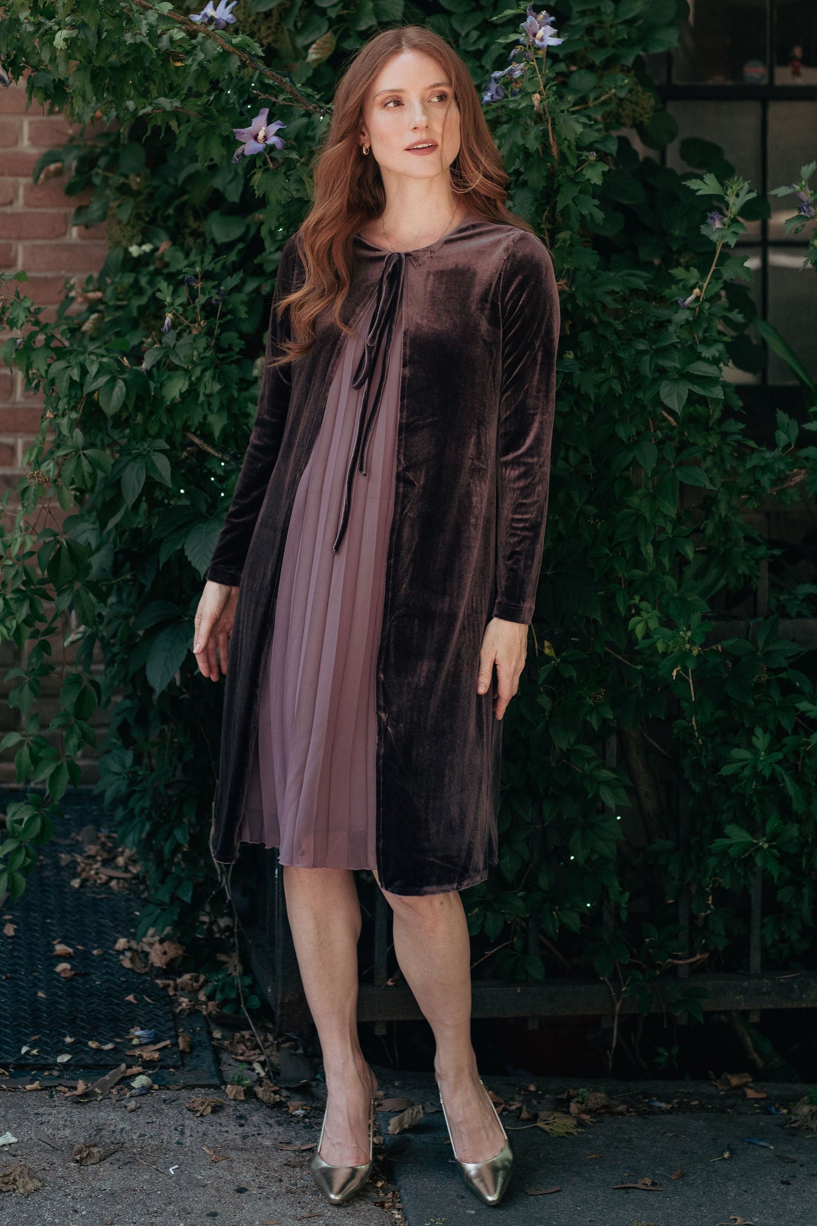 Velvet pleated chiffon dress - Grape