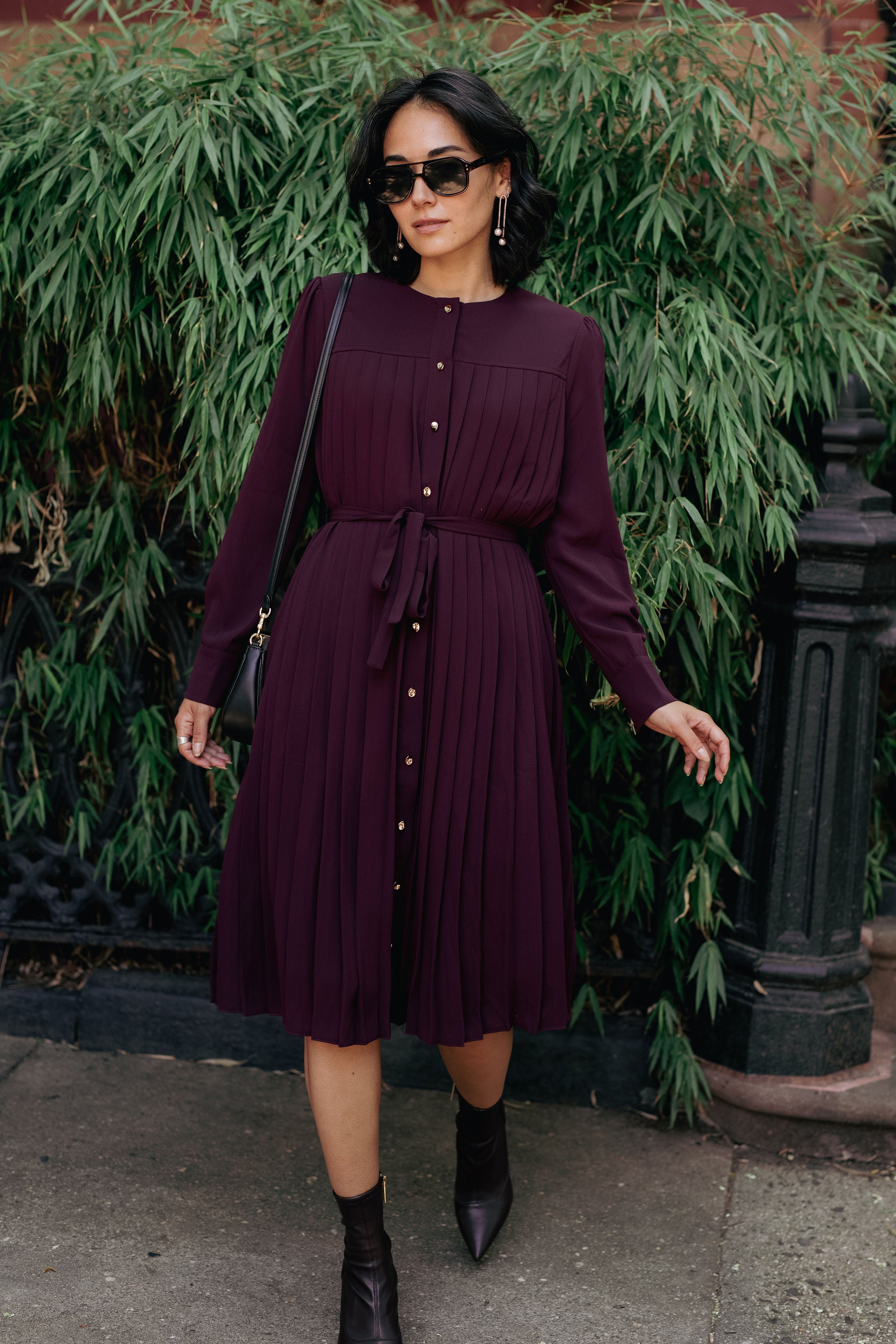 Pleated button-down dress - Maroon