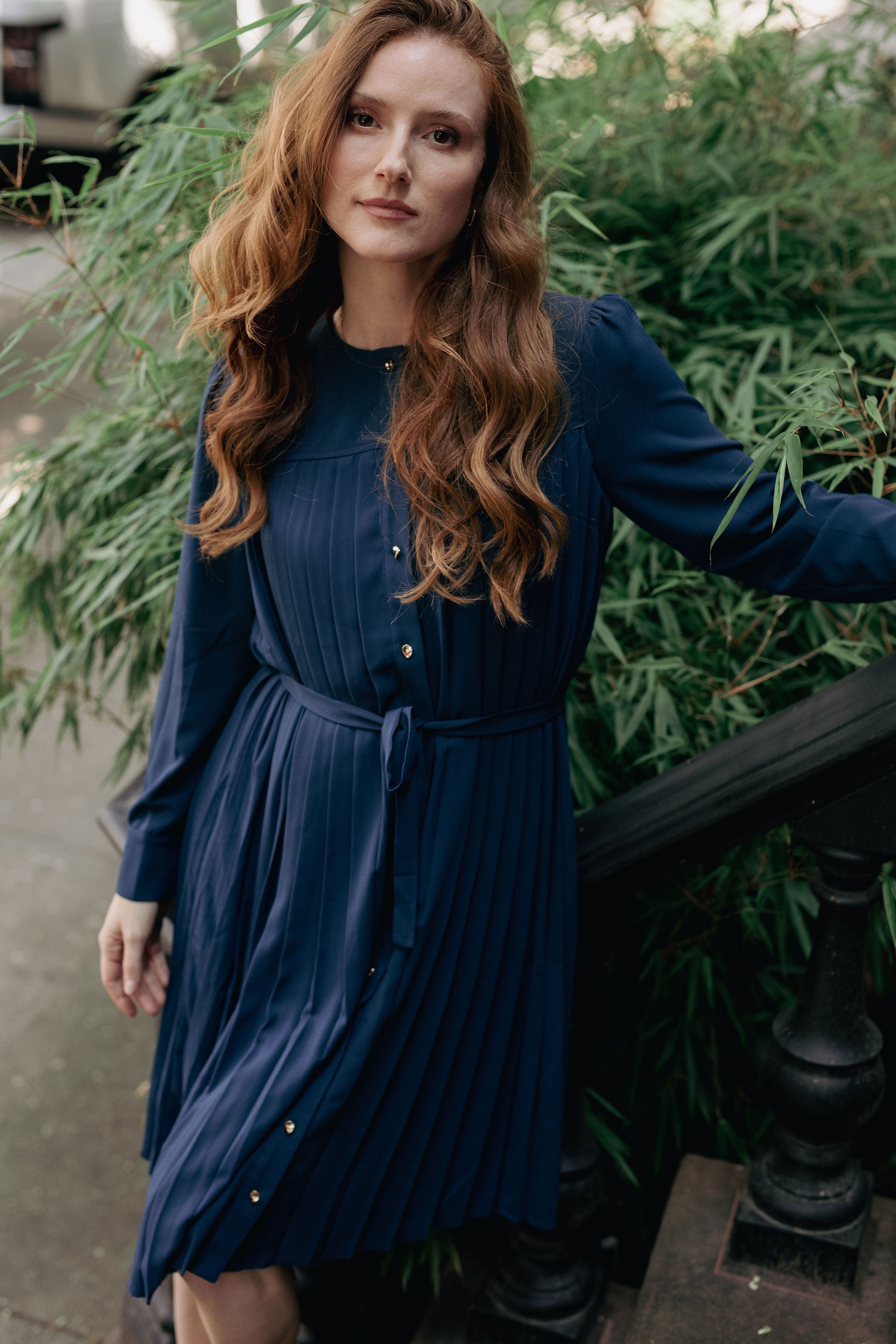 Pleated button-down dress - Blue