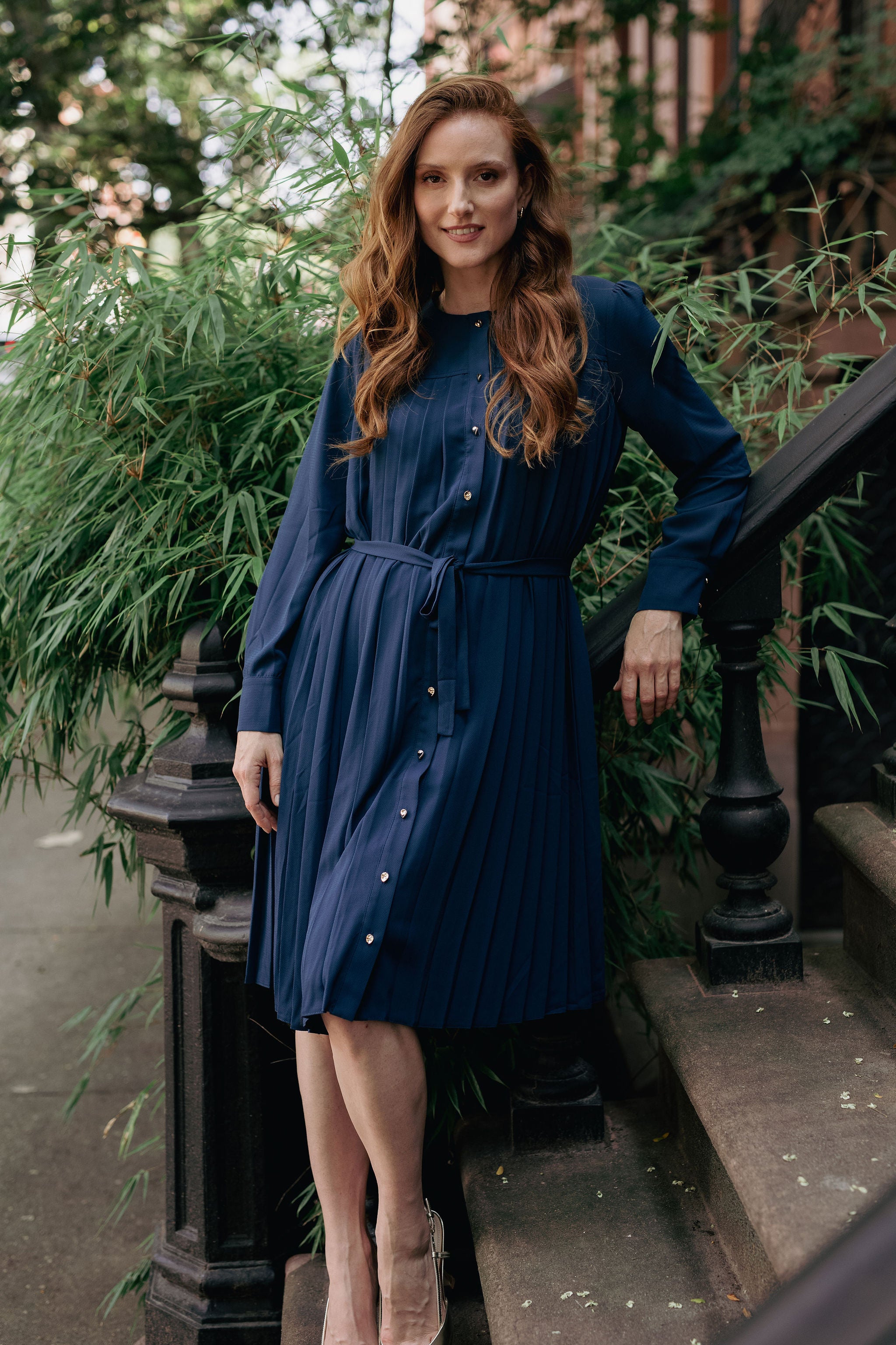 Pleated button-down dress - Blue