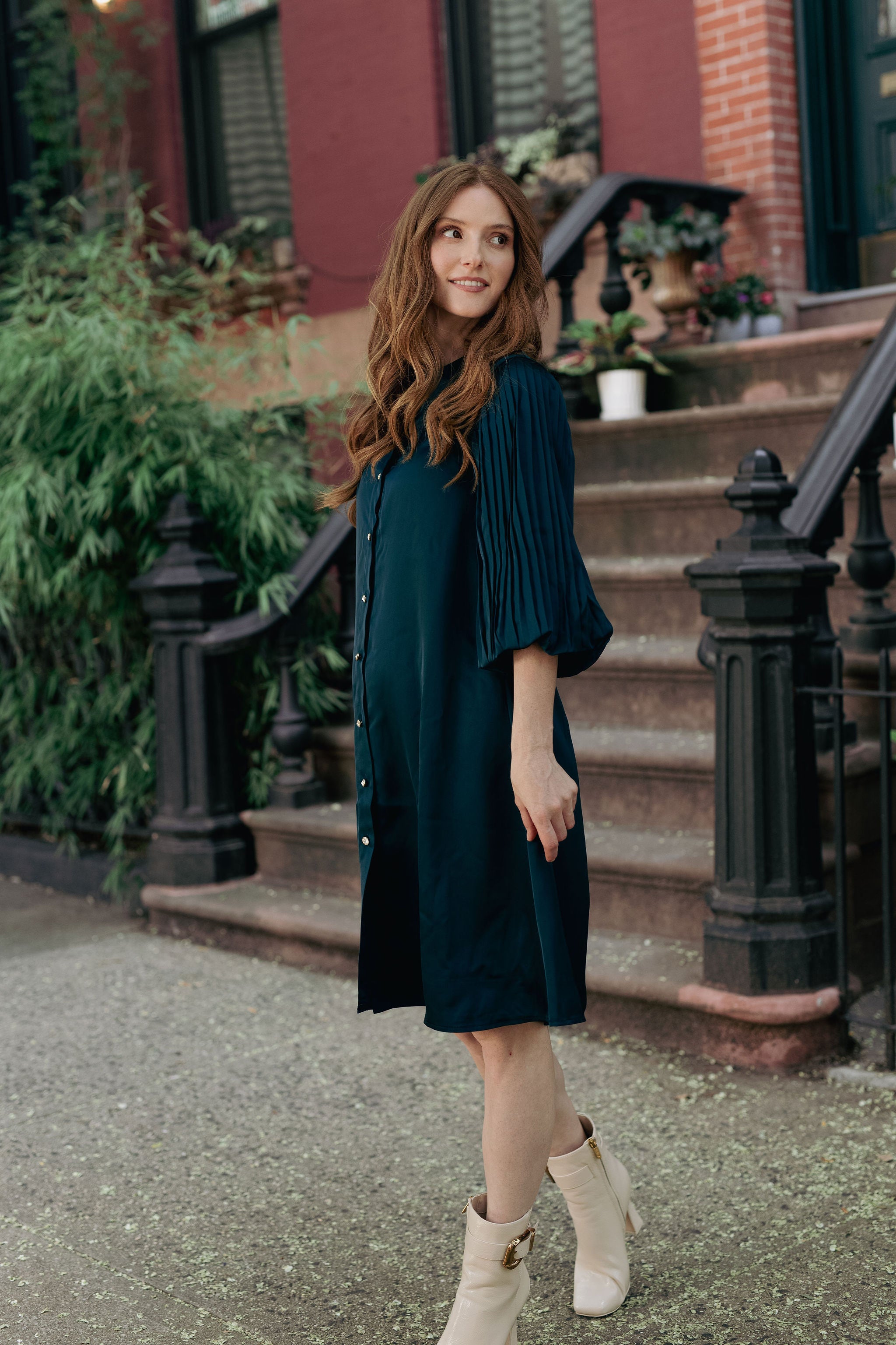 A-line satin dress pleated sleeves - Teal