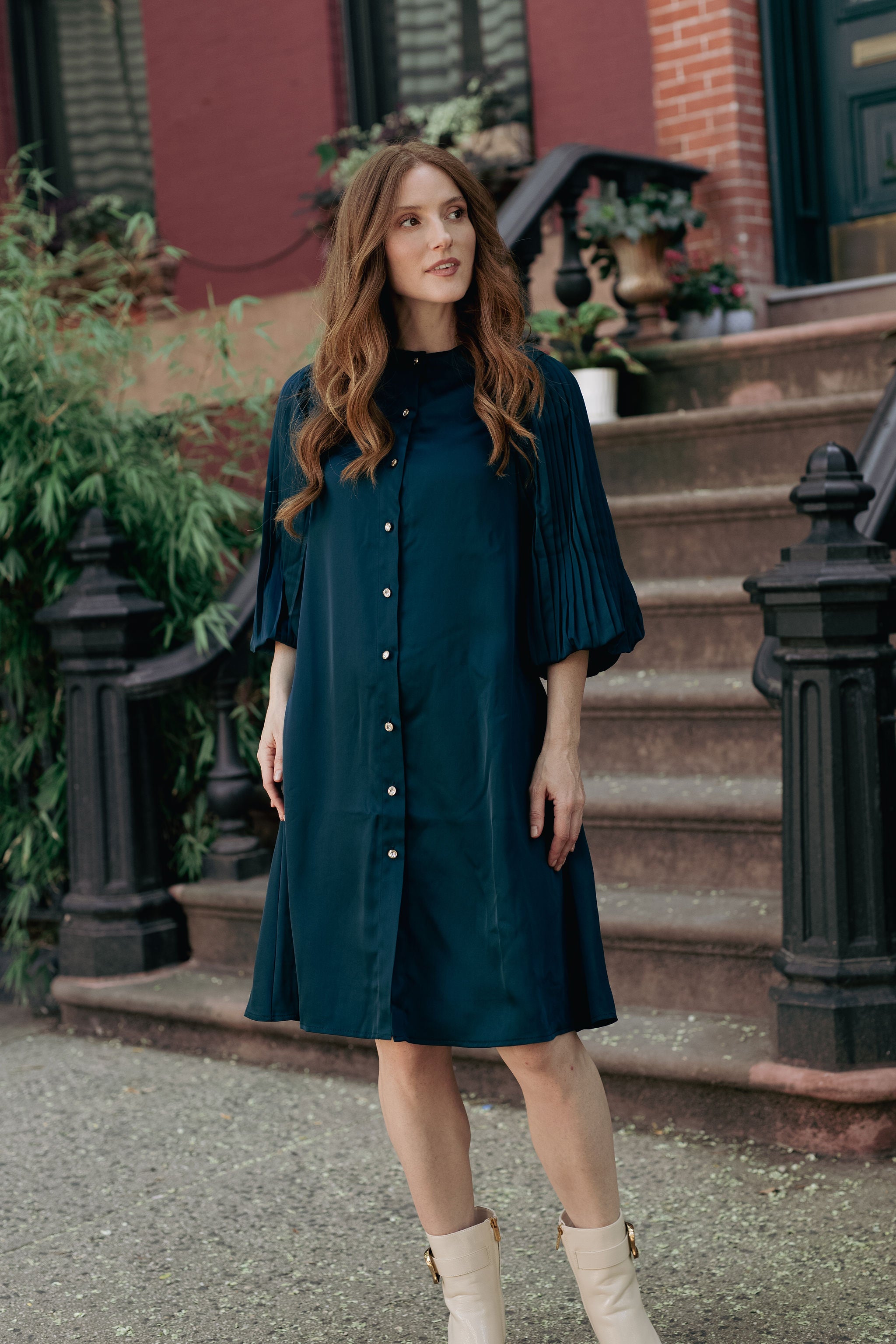 A-line satin dress pleated sleeves - Purple