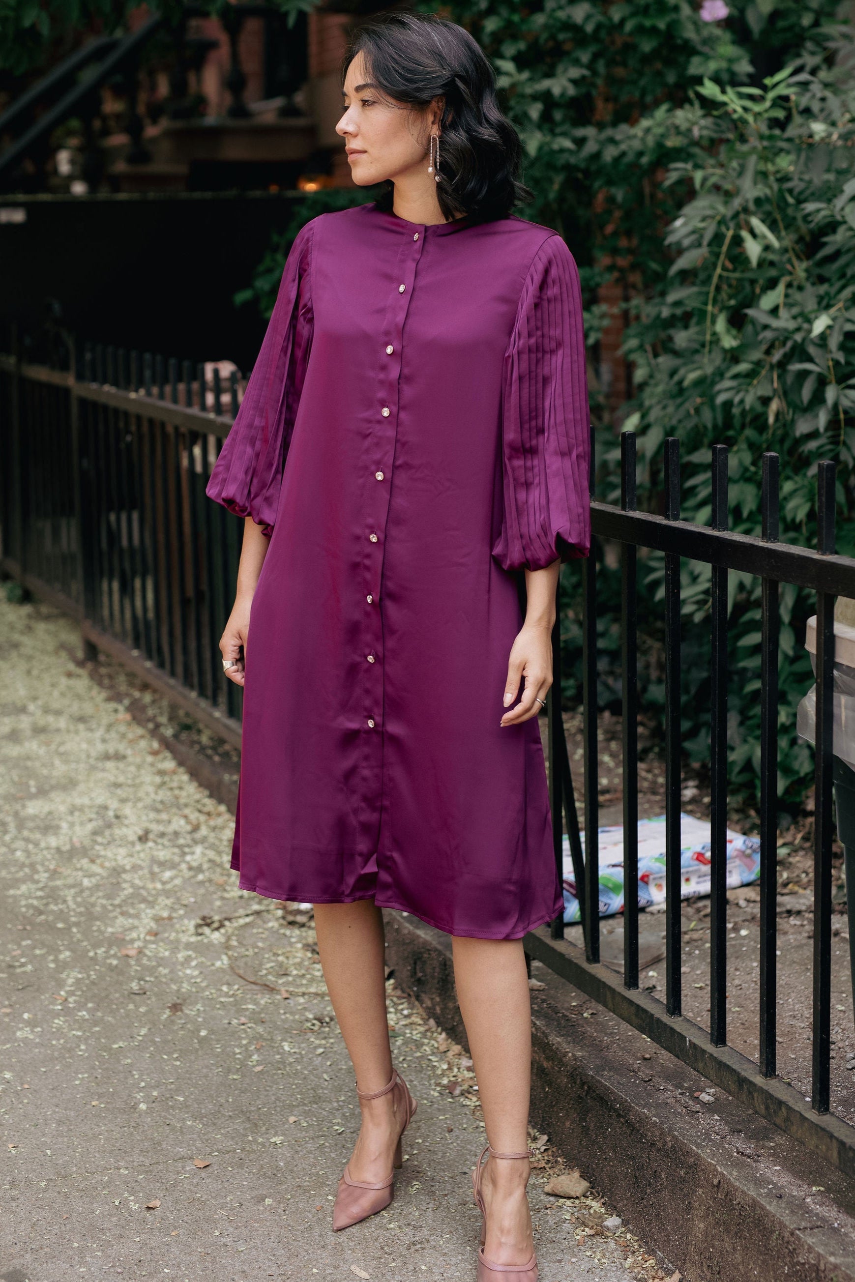 A-line satin dress pleated sleeves - Purple