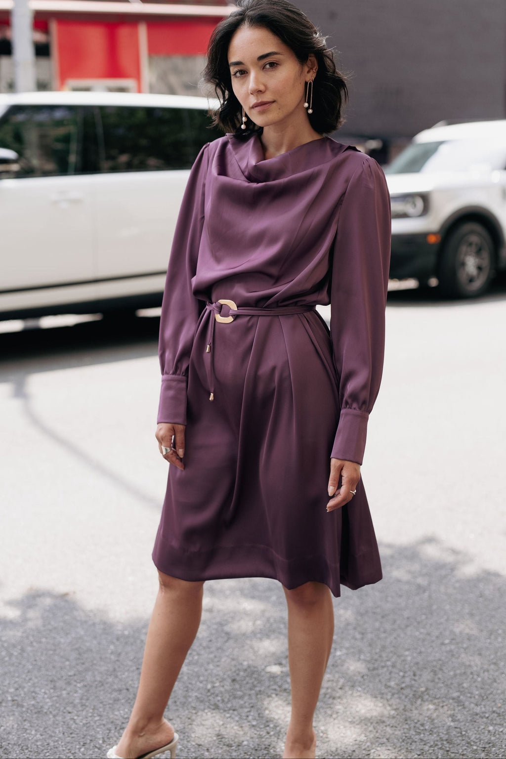 purple cowl dress Cowl satin Elegance Dress